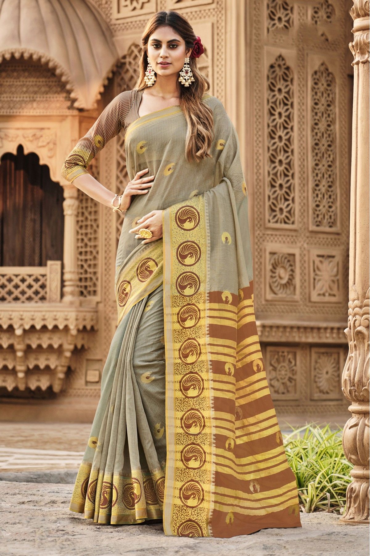 Classy And Traditional Lukhnawi Cotton Saree With Lukhnawi Weaving Designer  In Mustard Colour - KSM PRINTS - 4034807