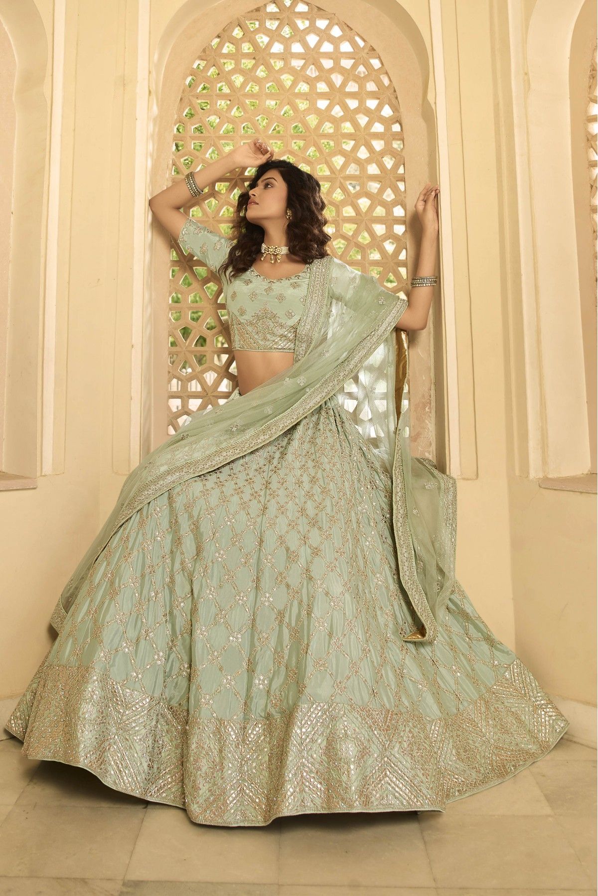 Pista Green With Golden Embroidered Lehenga/Pant Suit