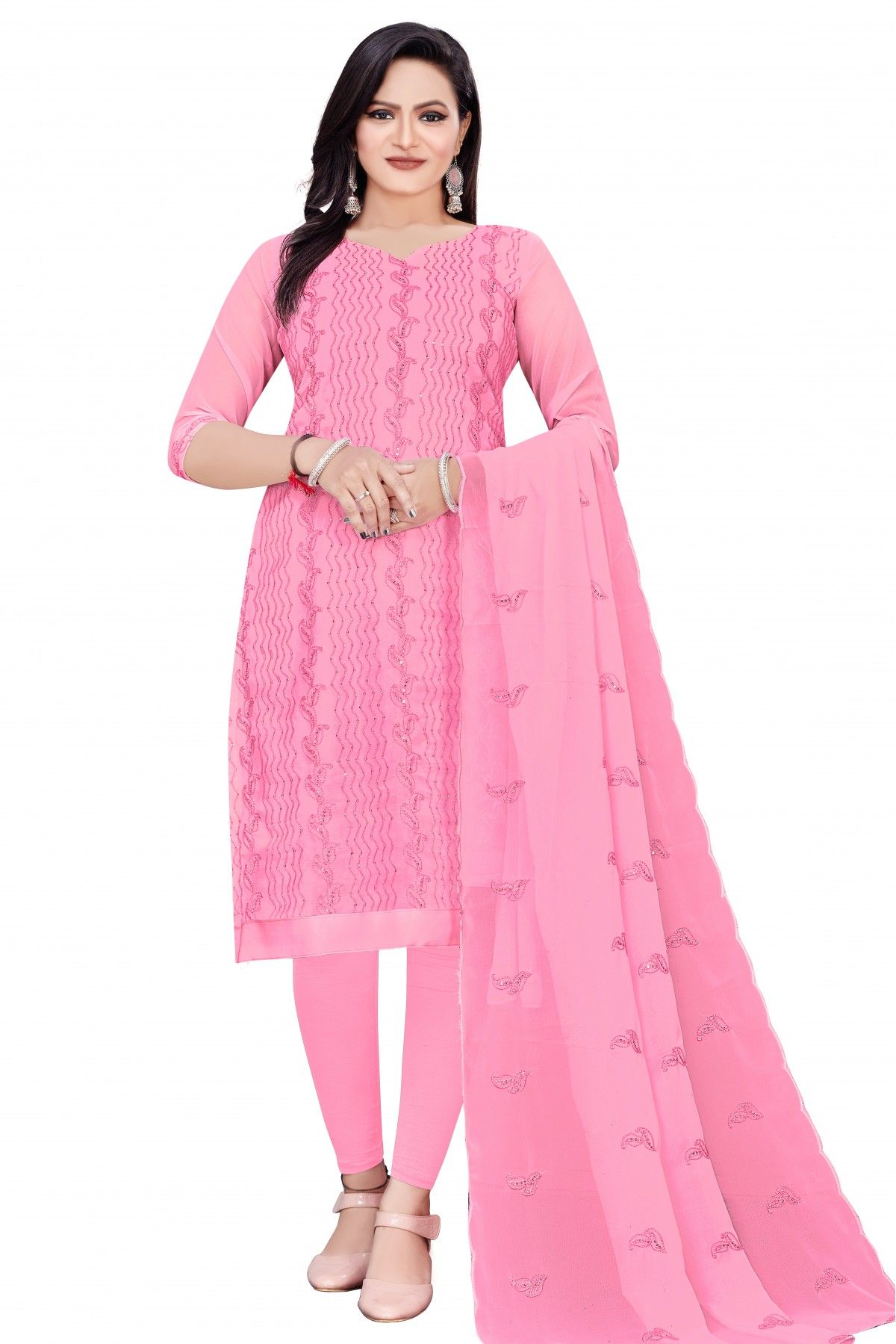 Georgia-Peach Ayesha-Takia Straight Long Churidar Salwar Kameez Suit with  Floral Zari-Embroidery | Exotic India Art