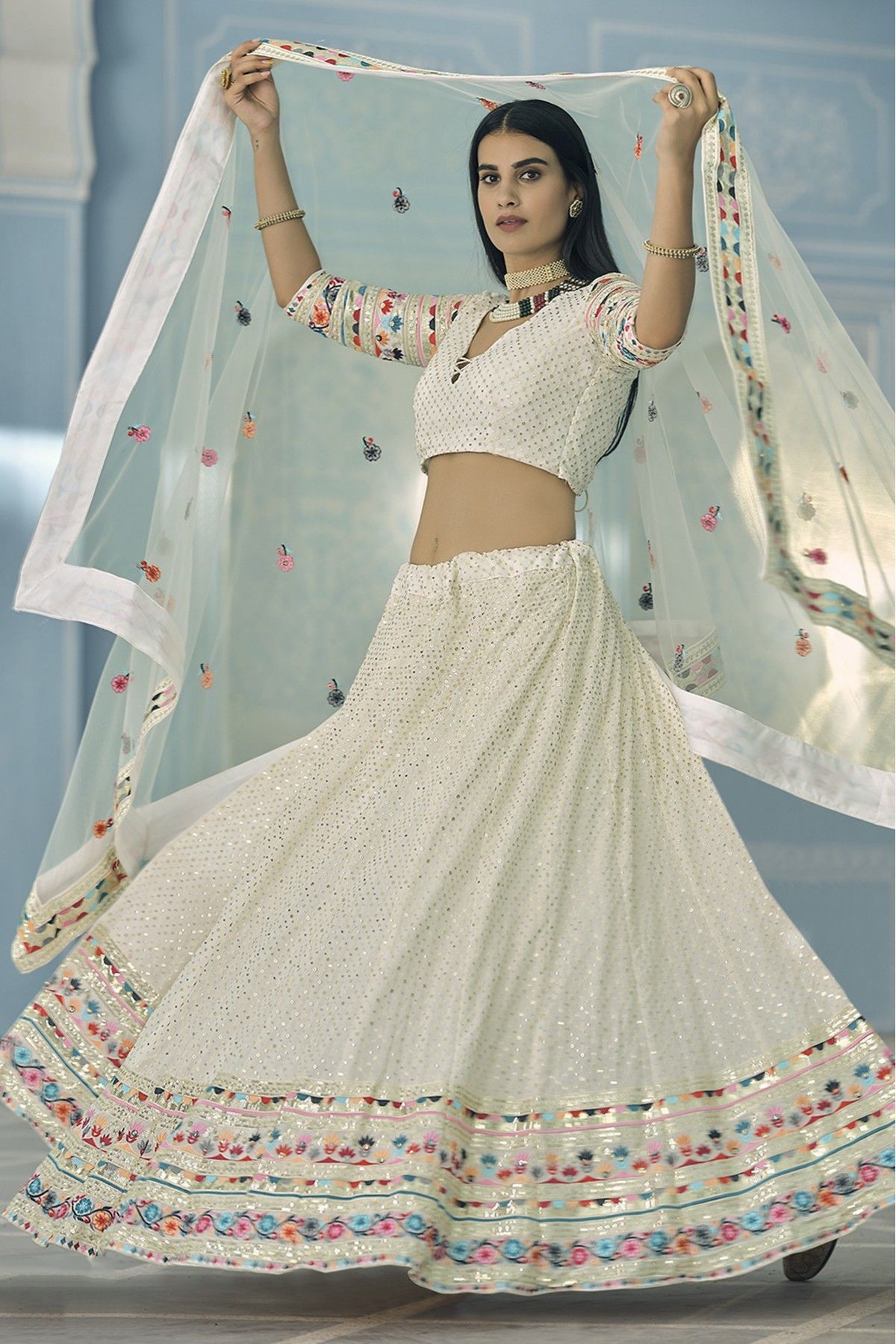 Buy FUSIONIC White Color Organza Material Thread Work Lehenga Choli For  Women at Amazon.in