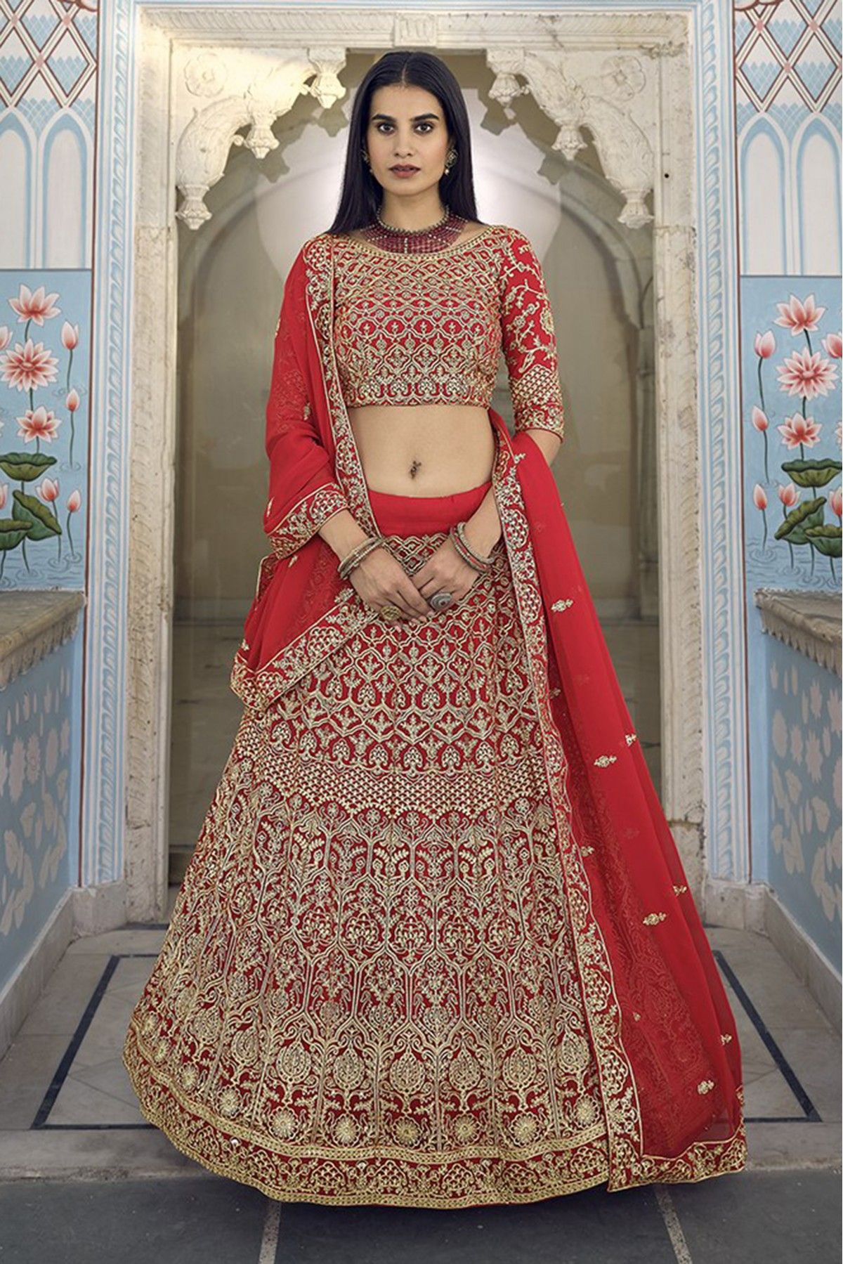 Red Georgette Embroidered, Sequins and Zari Work Lehenga Choli Buy Online -