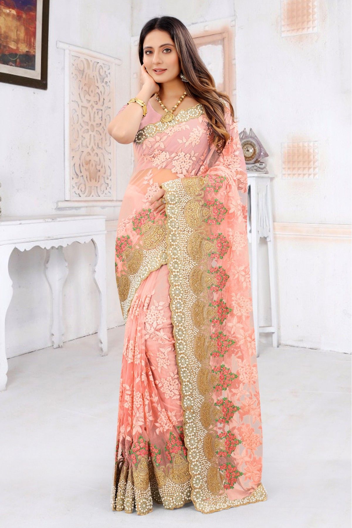 Buy Ronisha Myammer Fancy Wear Silk Embroidery Saree Collection.