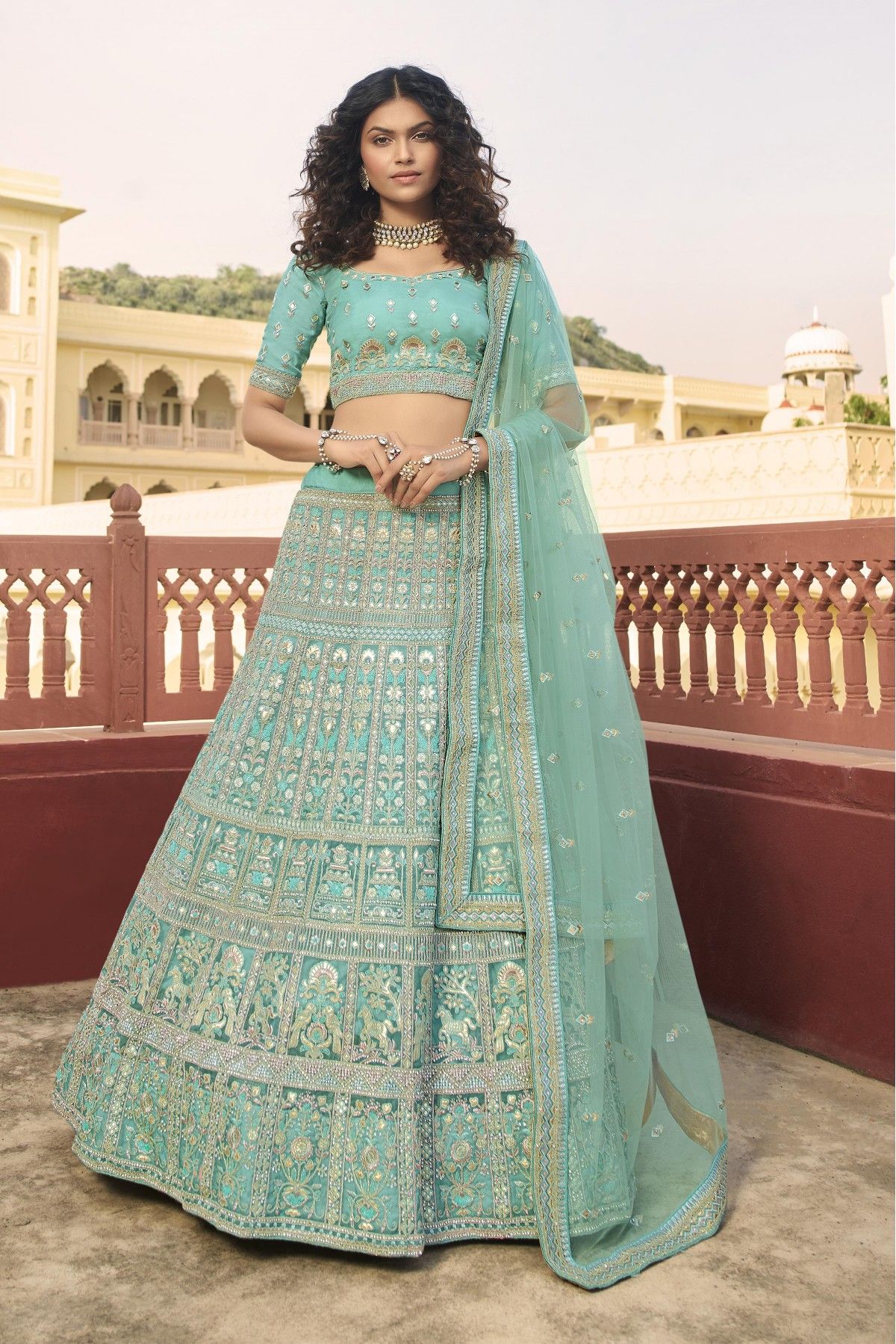 Fresh Green and White Embroidered Lehenga