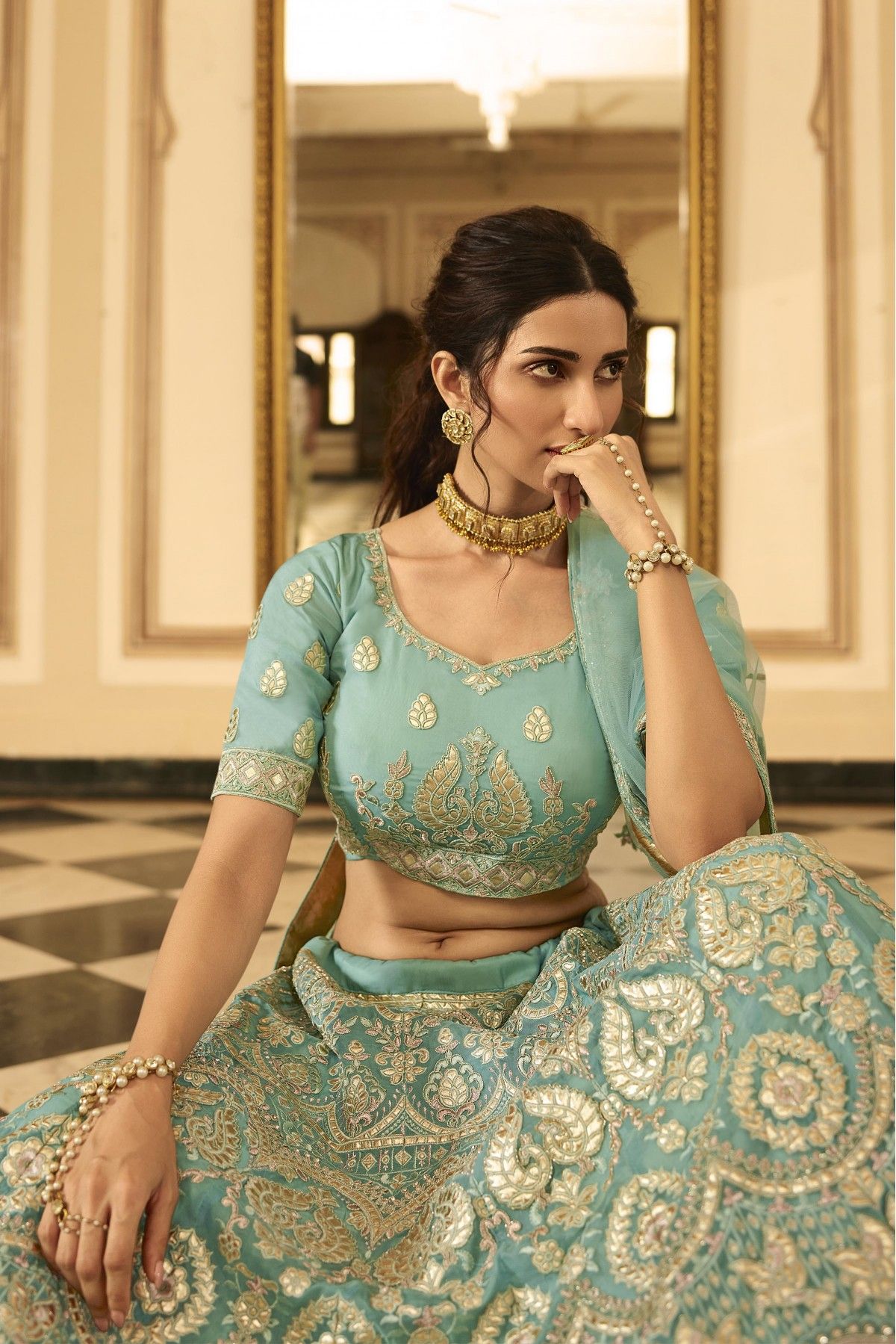 Sea Green Color Embroidered Georgette Lehenga