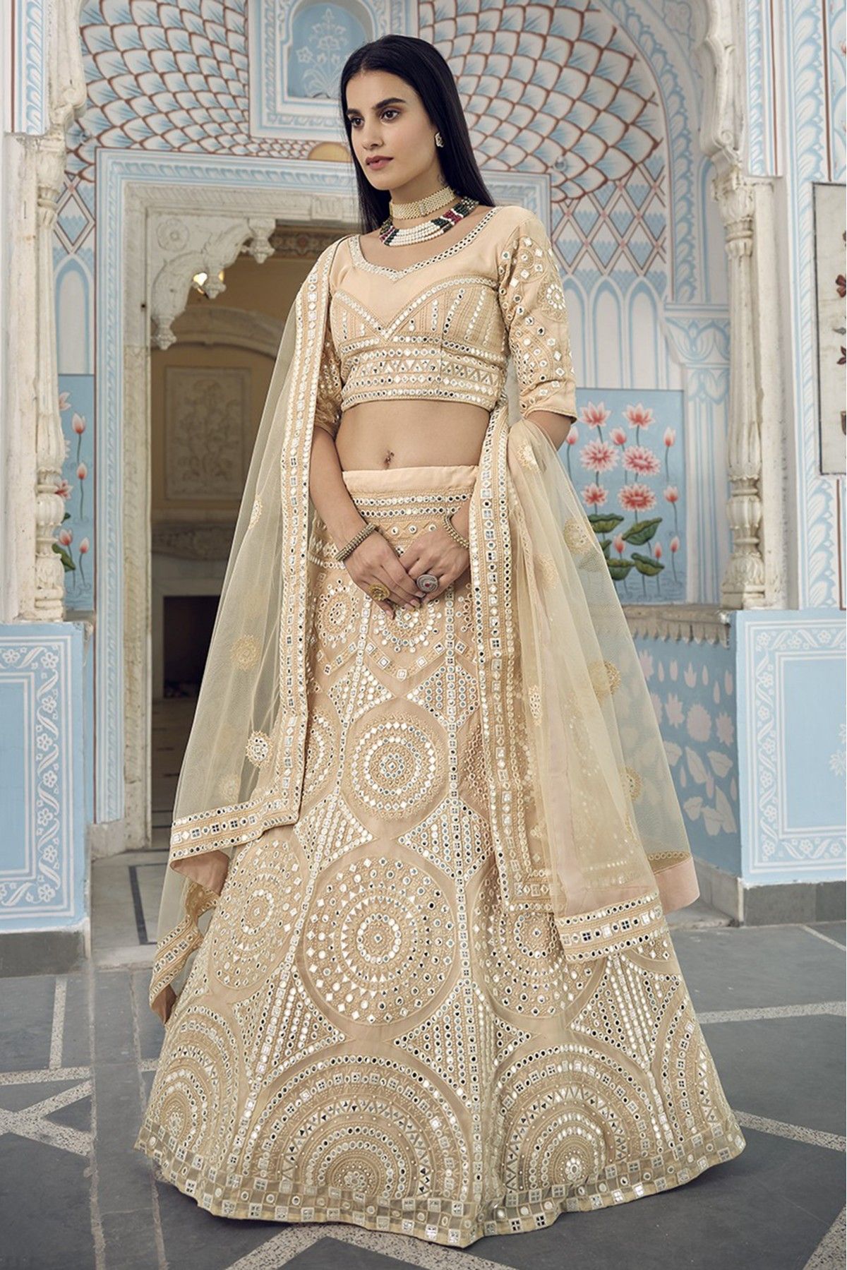 Ethnic Wear Beige Color Organza Material Printed Lehenga Choli