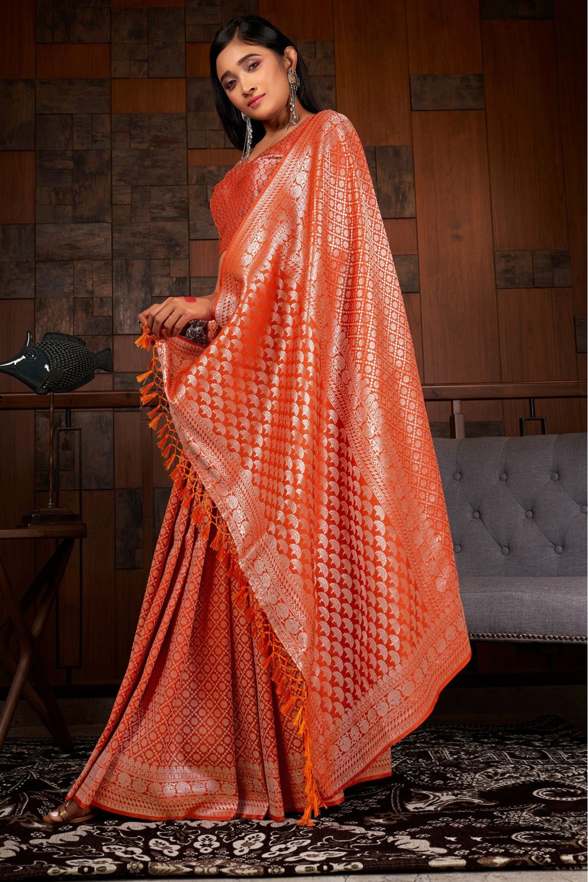 Flamingo Dark Orange Tussar Silk Saree – MySilkLove