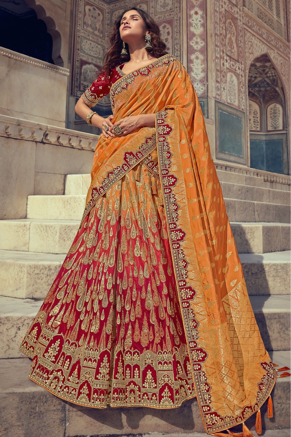 Mustard yellow and maroon silk lehenga choli - G3-WLC13657 | G3fashion.com