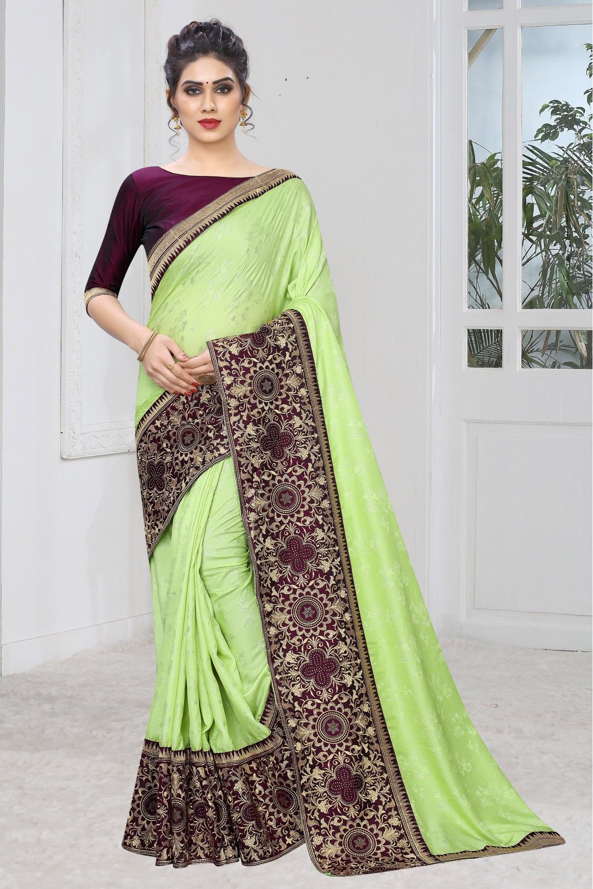 MIMOSA Art silk Wedding saree Kanjivarm Pattu style With Contrast Blouse  Color: Green (4308-371-2D-LRL-NVY) : Amazon.in: Fashion