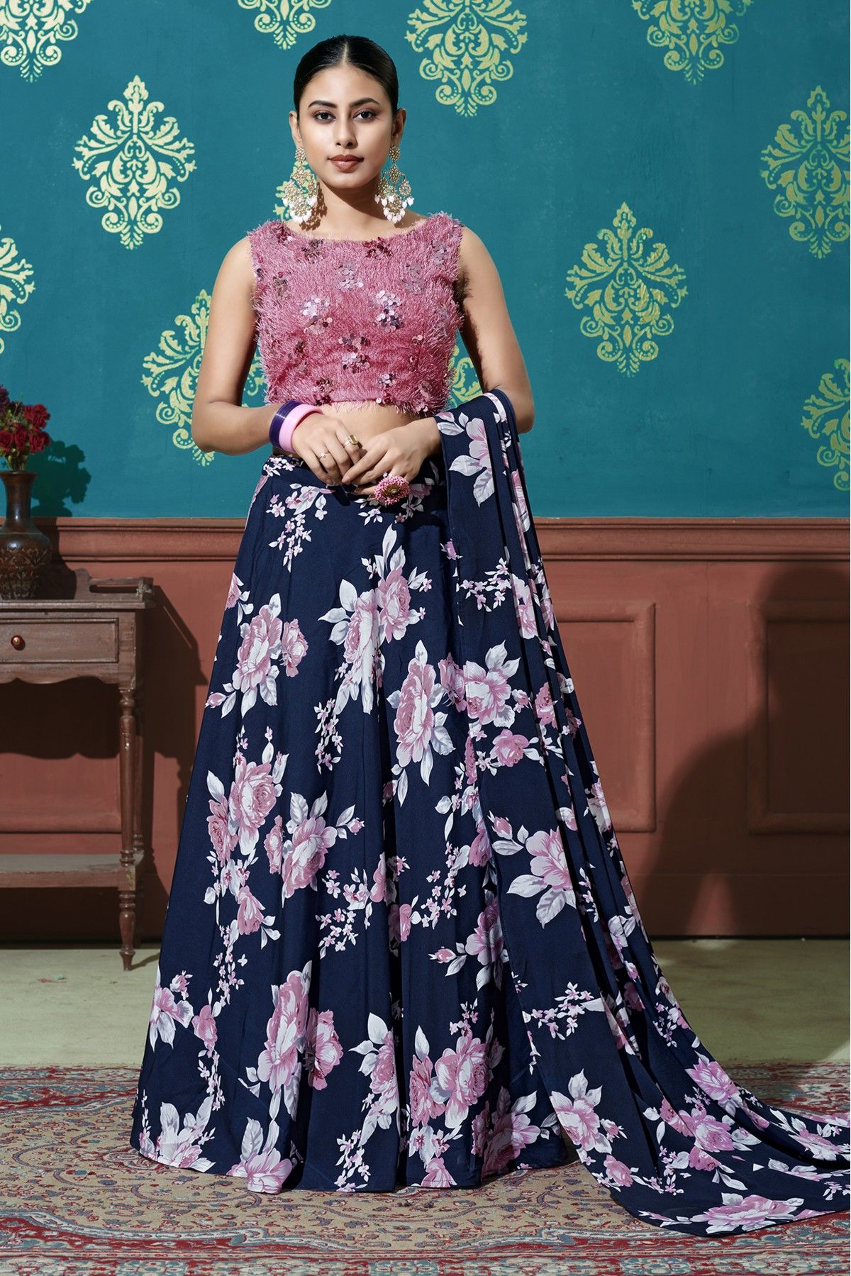 Buy Green Modal Satin Printed Lily Motifs Lehenga Set With Ruffle Dupatta  For Women by Seeaash Online at A… | Simple lehenga, Lehenga designs simple,  Ruffle dupatta