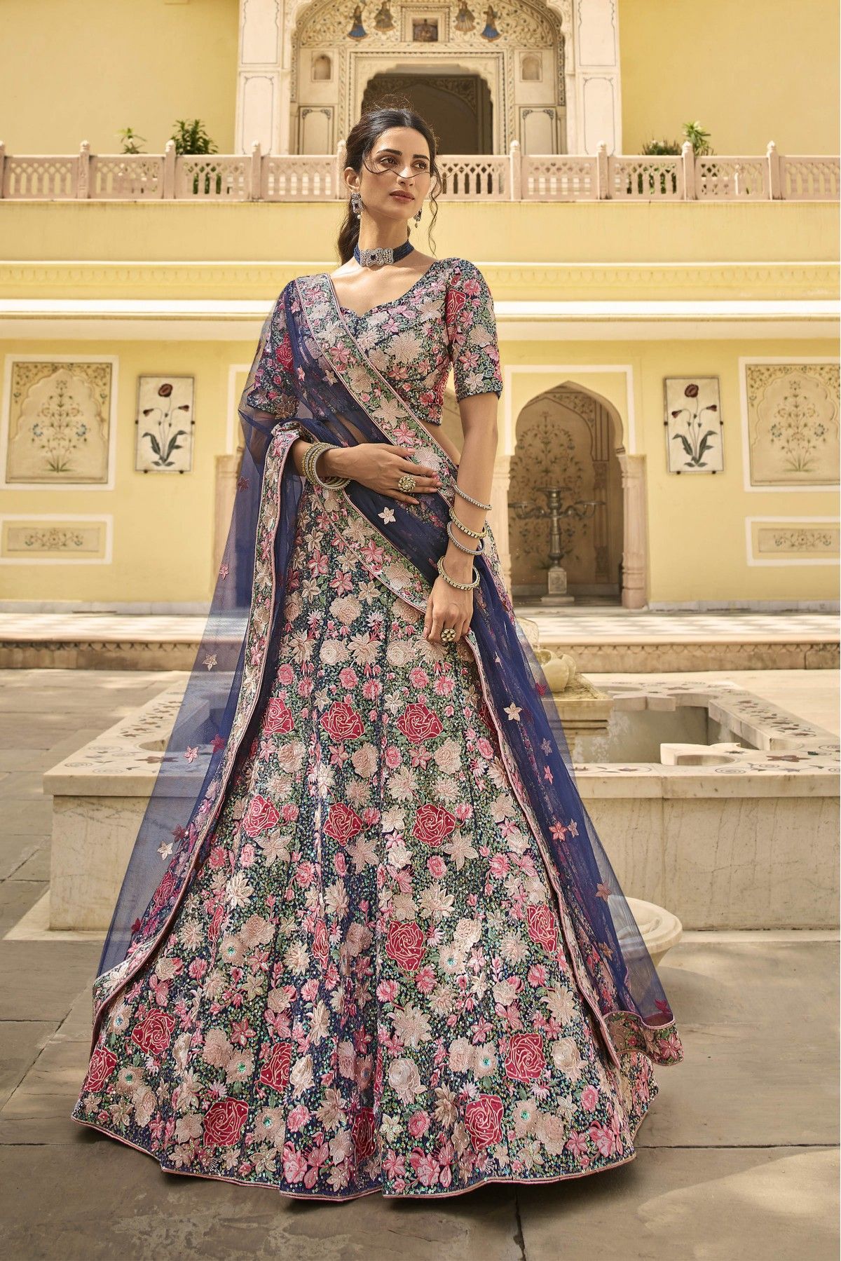 Party Wear Printed Taffeta Silk Blue and Cream Lehenga at Rs 1200 in  Bengaluru