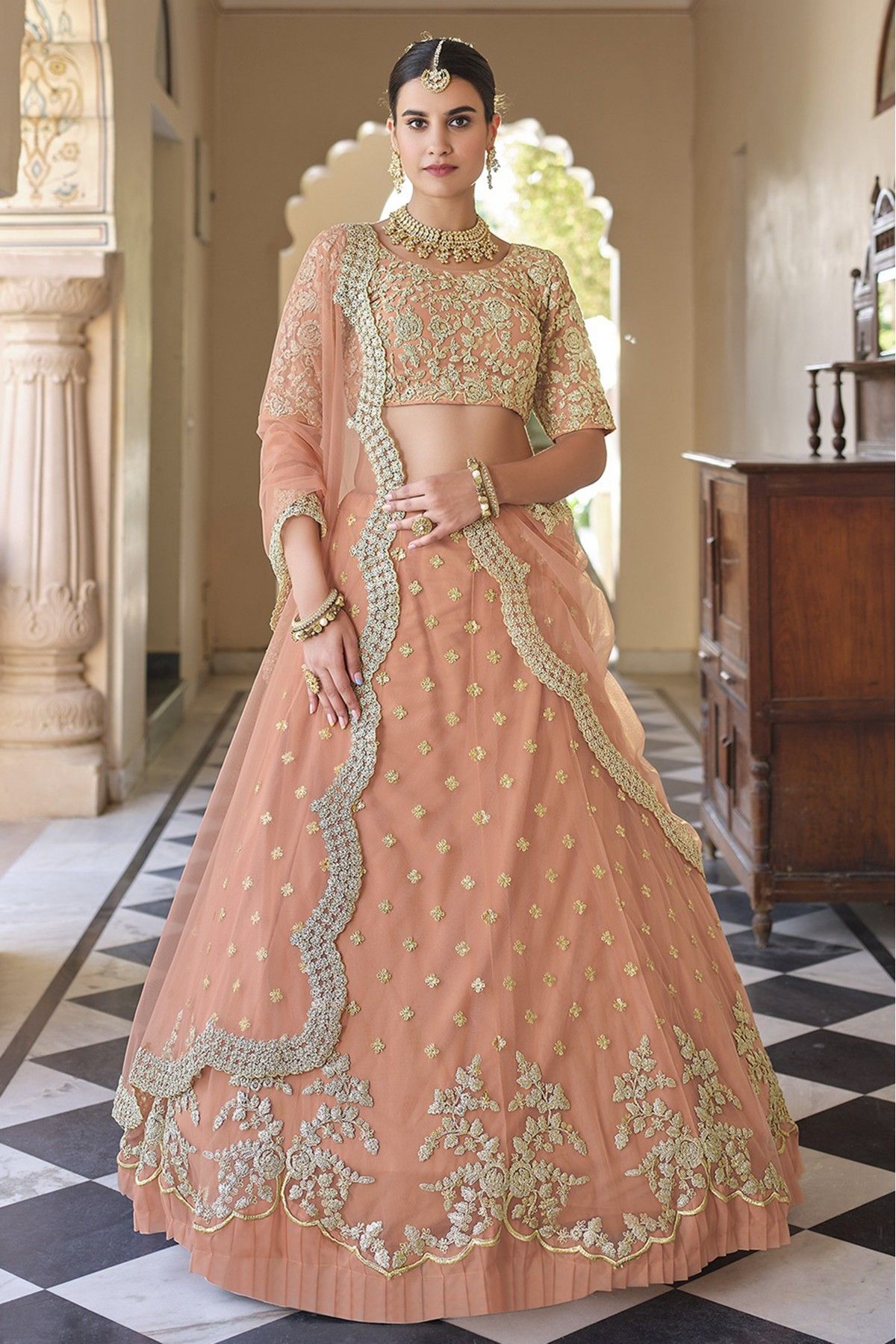 Peach Designer Lehenga With Green Embroidered Blouse for Women, Indian  Wedding Engagement Mehendi Sangeet Party Wear Lehenga Choli - Etsy