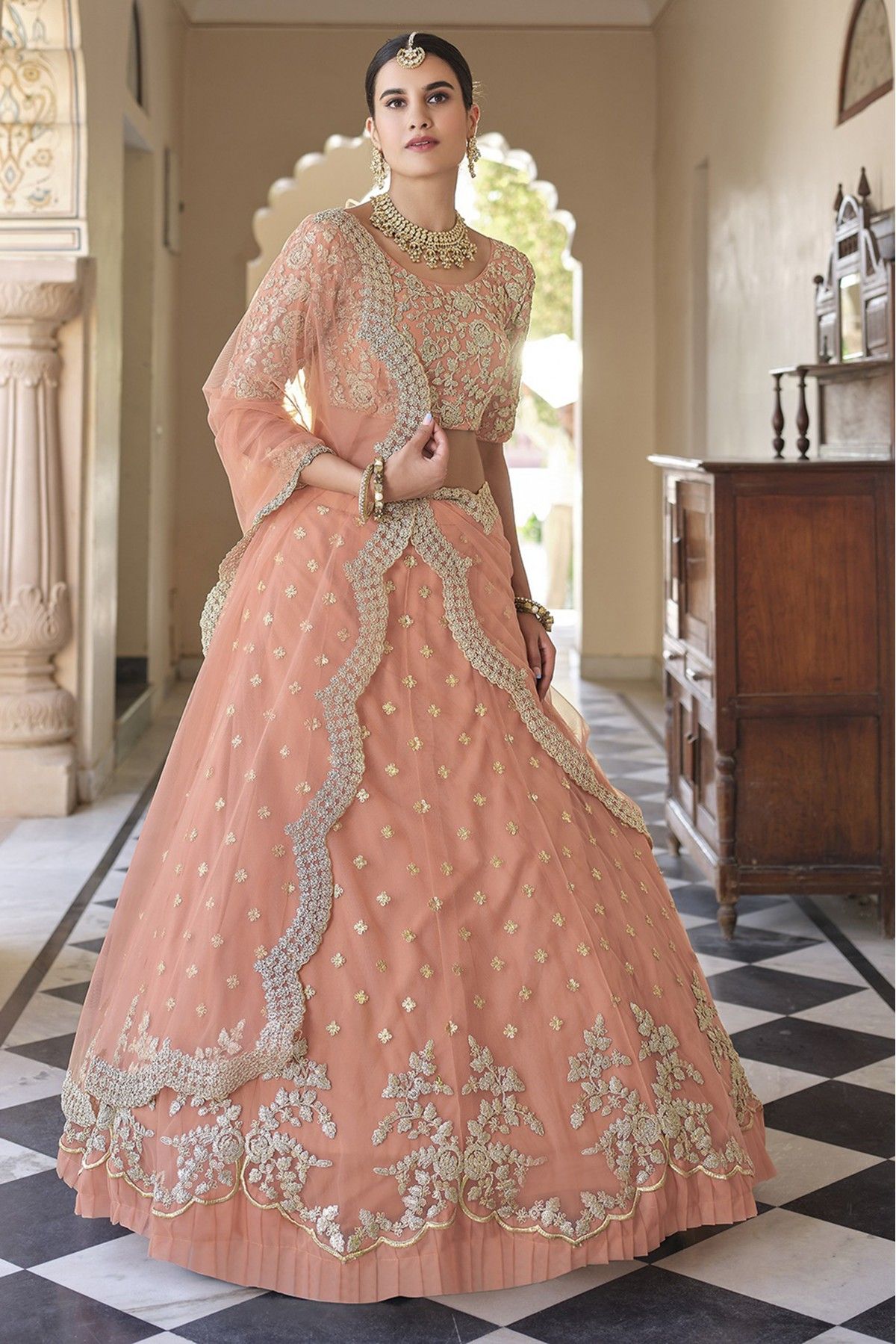 Pink Coloured Soft Net Lehenga Choli - Rent