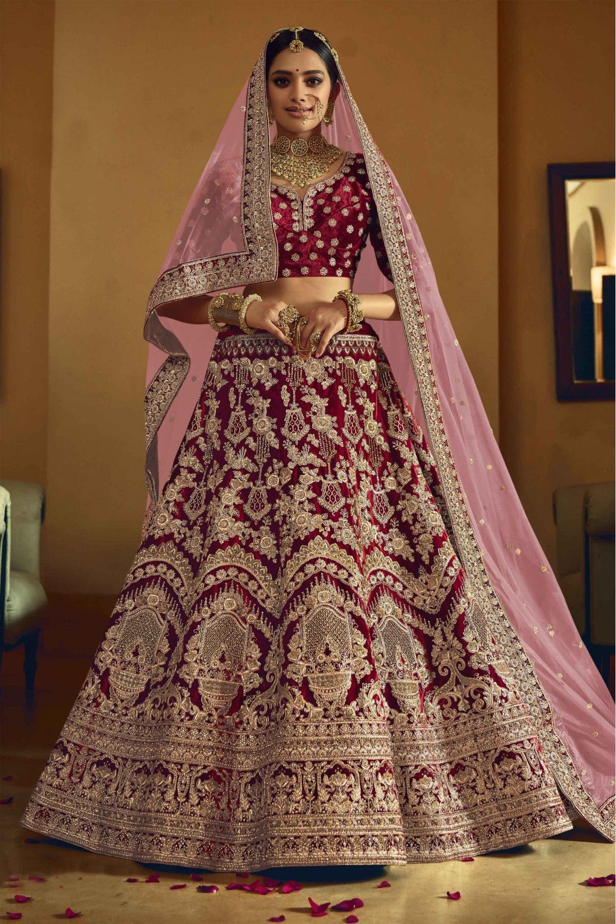 Buy Maroon Floral Print Organza Silk Lehenga Choli With Peach Blouse Online  At Zeel Clothing