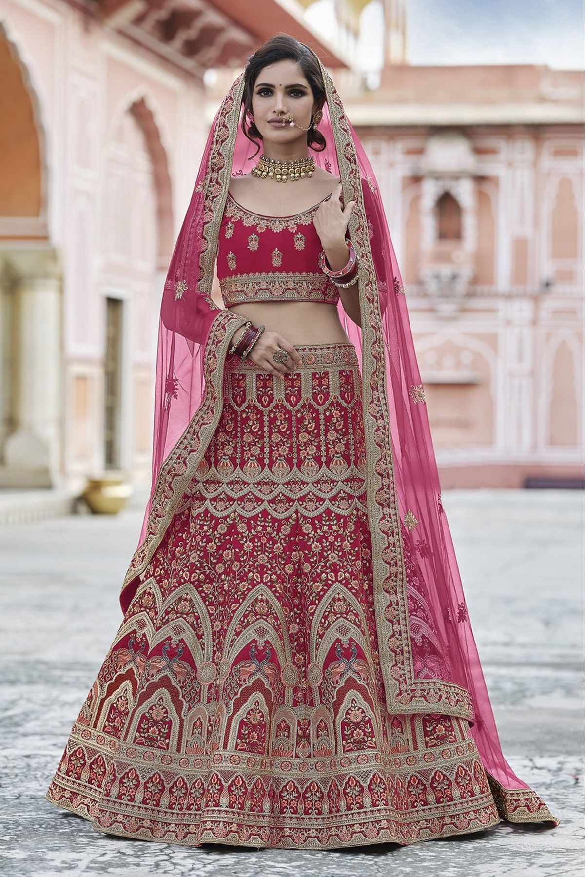 Rose Pink Velvet Bridal Lehenga Choli with Embroidery &