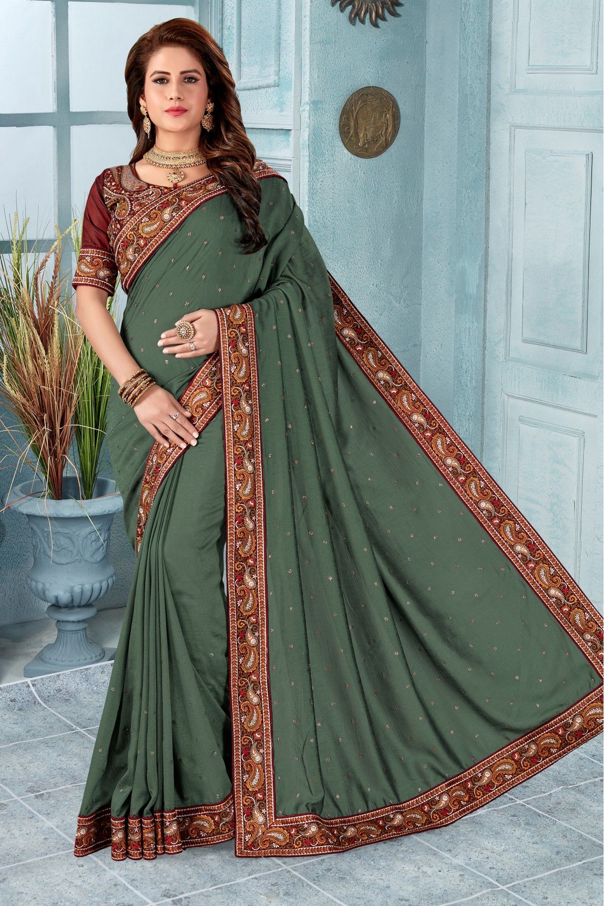 Vichitra Silk Embroidery Saree In Green Colour - SR1543249