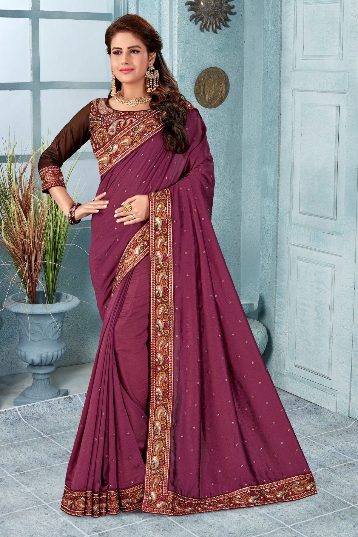 Vichitra Silk Embroidery Saree In Wine Colour - SR1543244