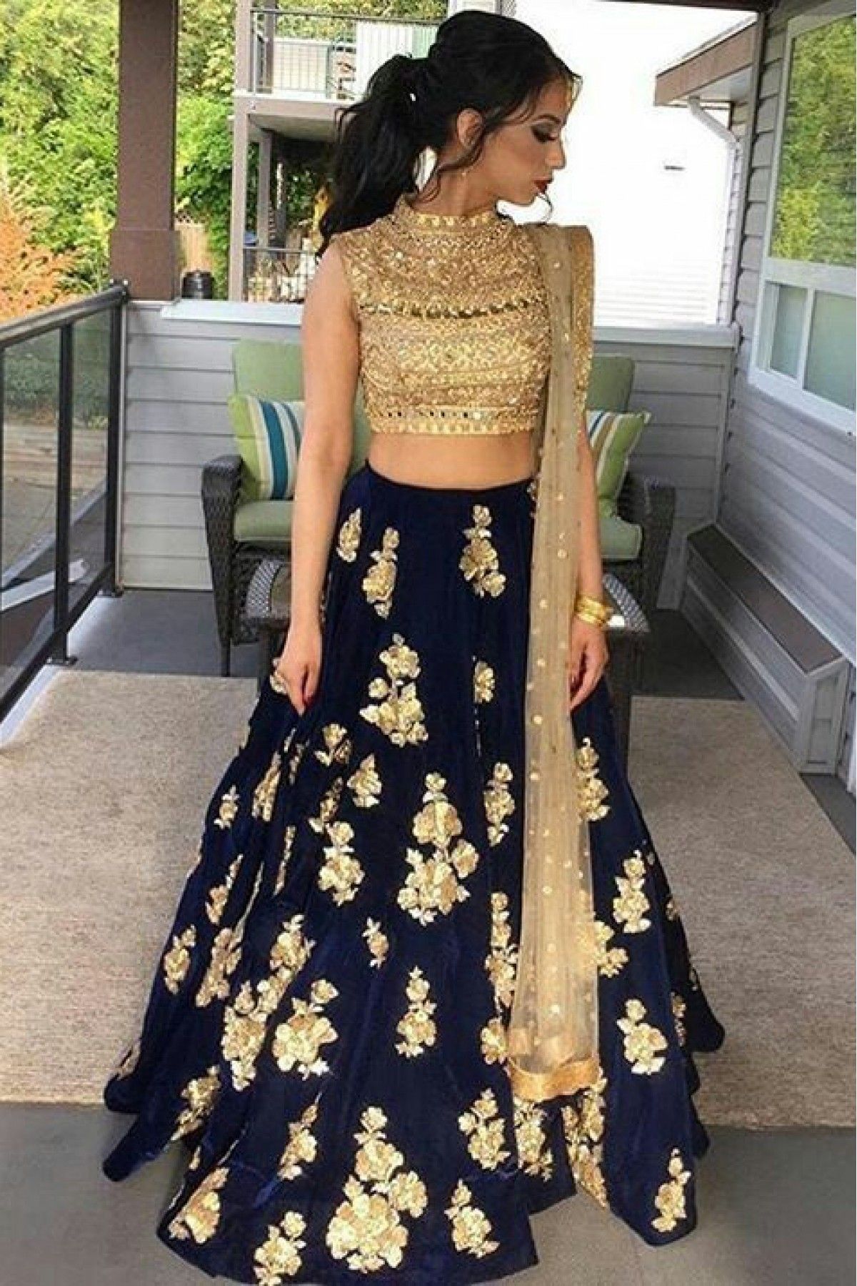 Navy Blue Georgette Chowkadi Motif Pattern Lehenga Choli With  Thread-Sequins Embroidery And Silk Ogee Pattern Dupatta | Exotic India Art