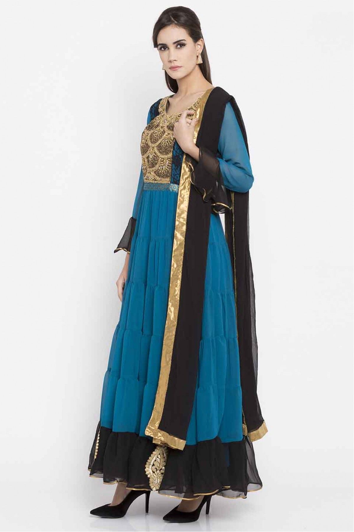 Plus Size Stitched Faux Georgette Embroidery Churidar Suit In Blue Colour -  SS2710418