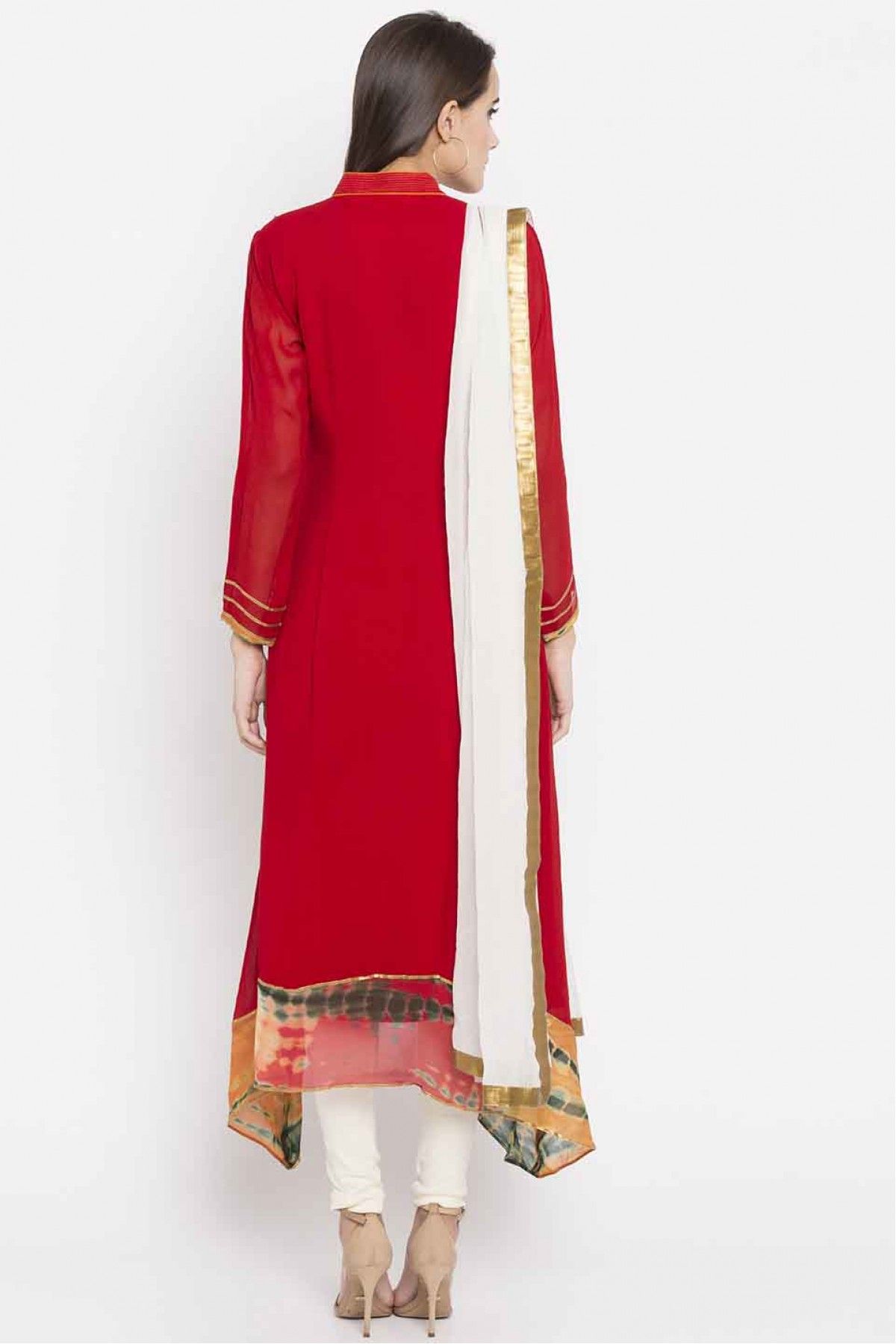 Plus Size Stitched Faux Georgette Embroidery Churidar Suit In Red Colour - SS2710411