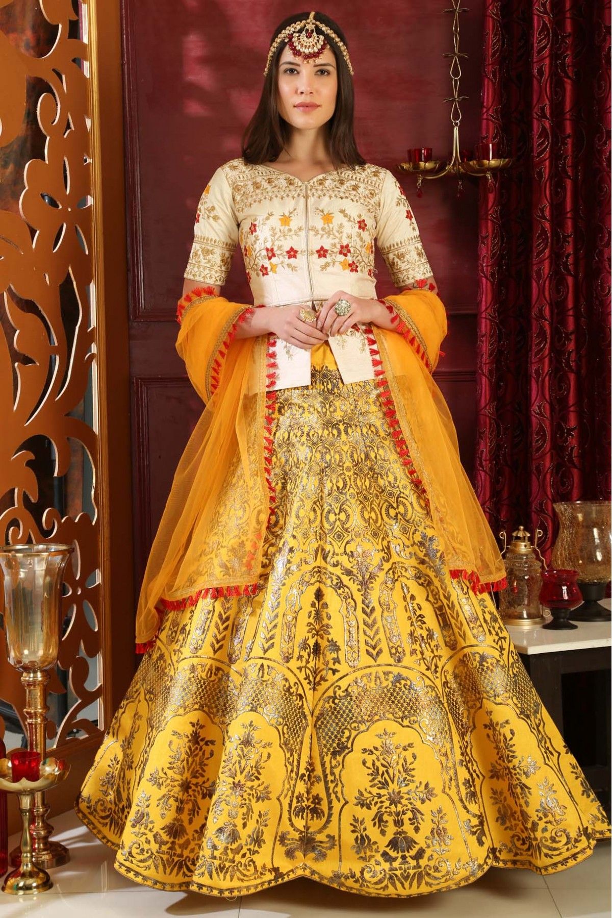 Yellow Color Printed Mirror Work Vaishali Silk Lehenga Choli Set - Vatki