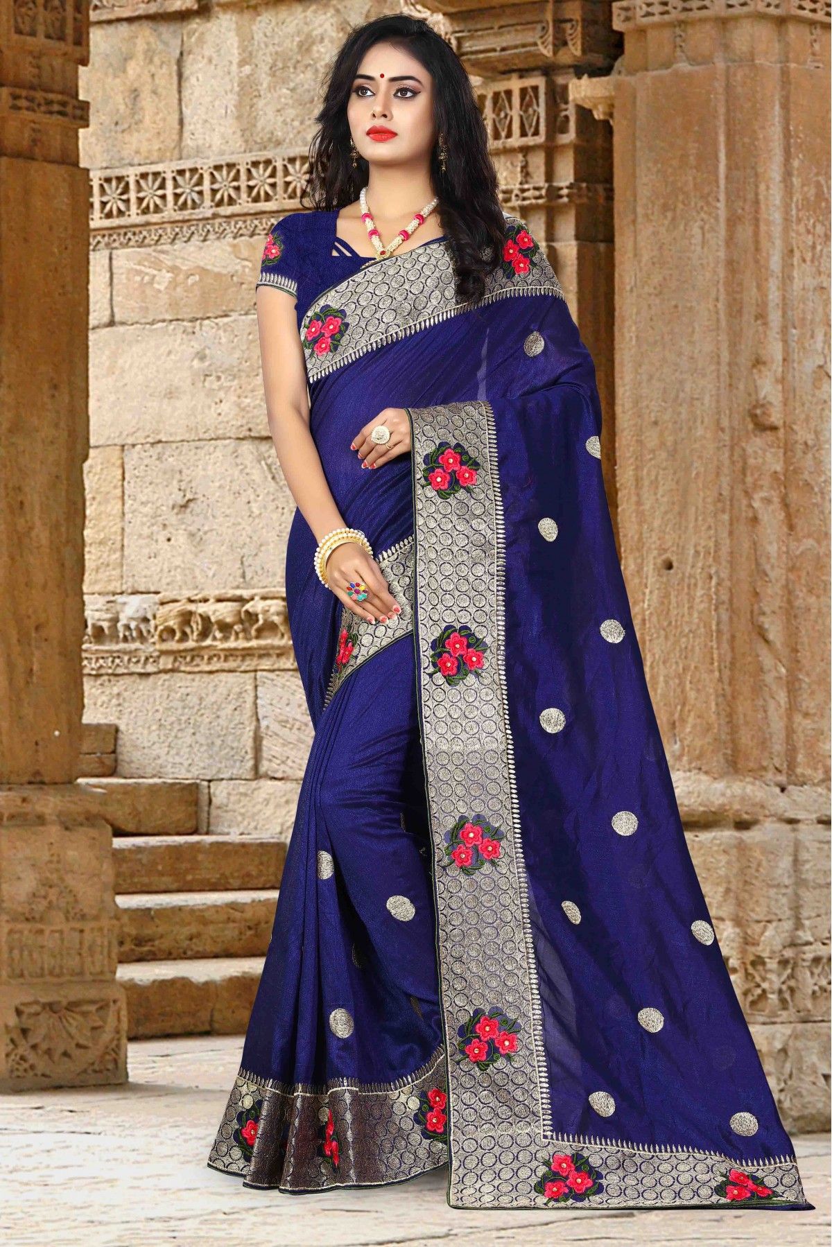 Half Sleeves Navy Blue Color Classic Wear Saree