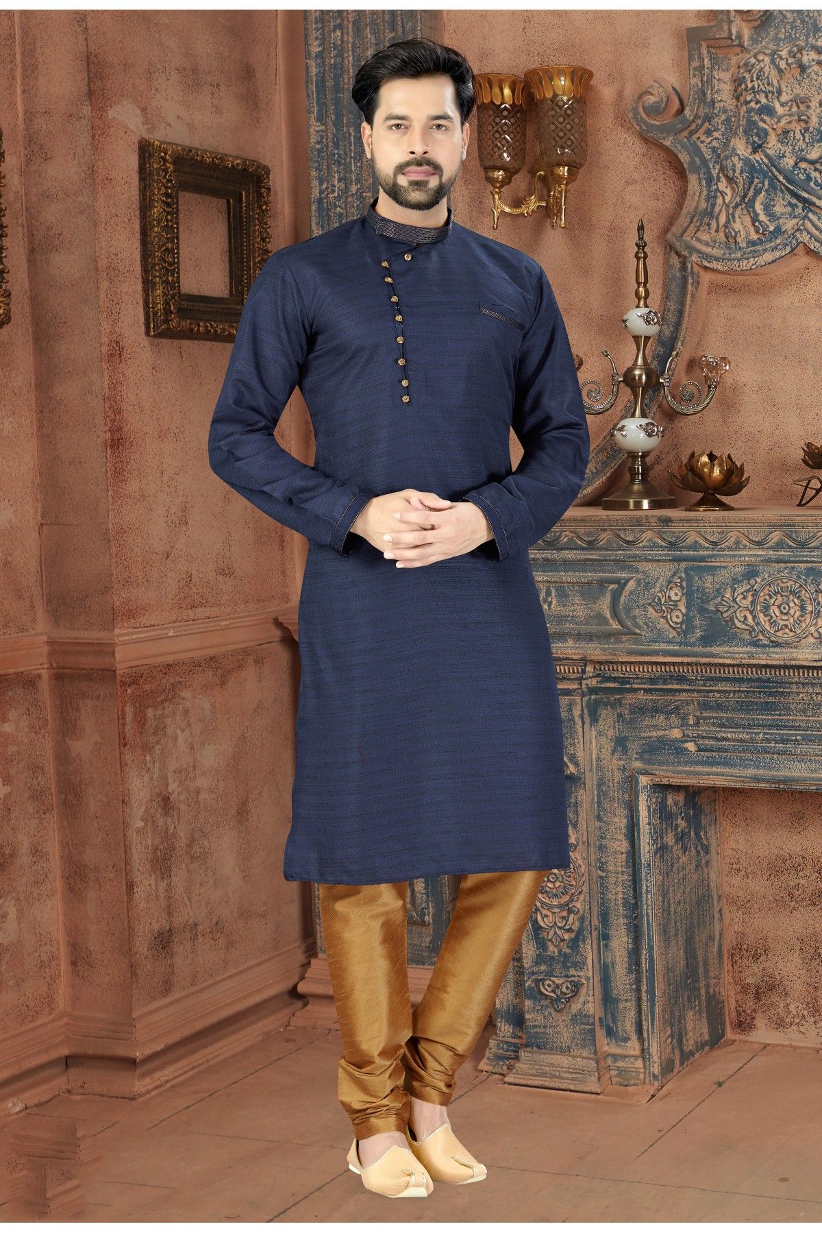 Men's Plus Size Navy Blue Woven Silk Blend Jacket Kurta Pyjama Set -  Absolutely Desi