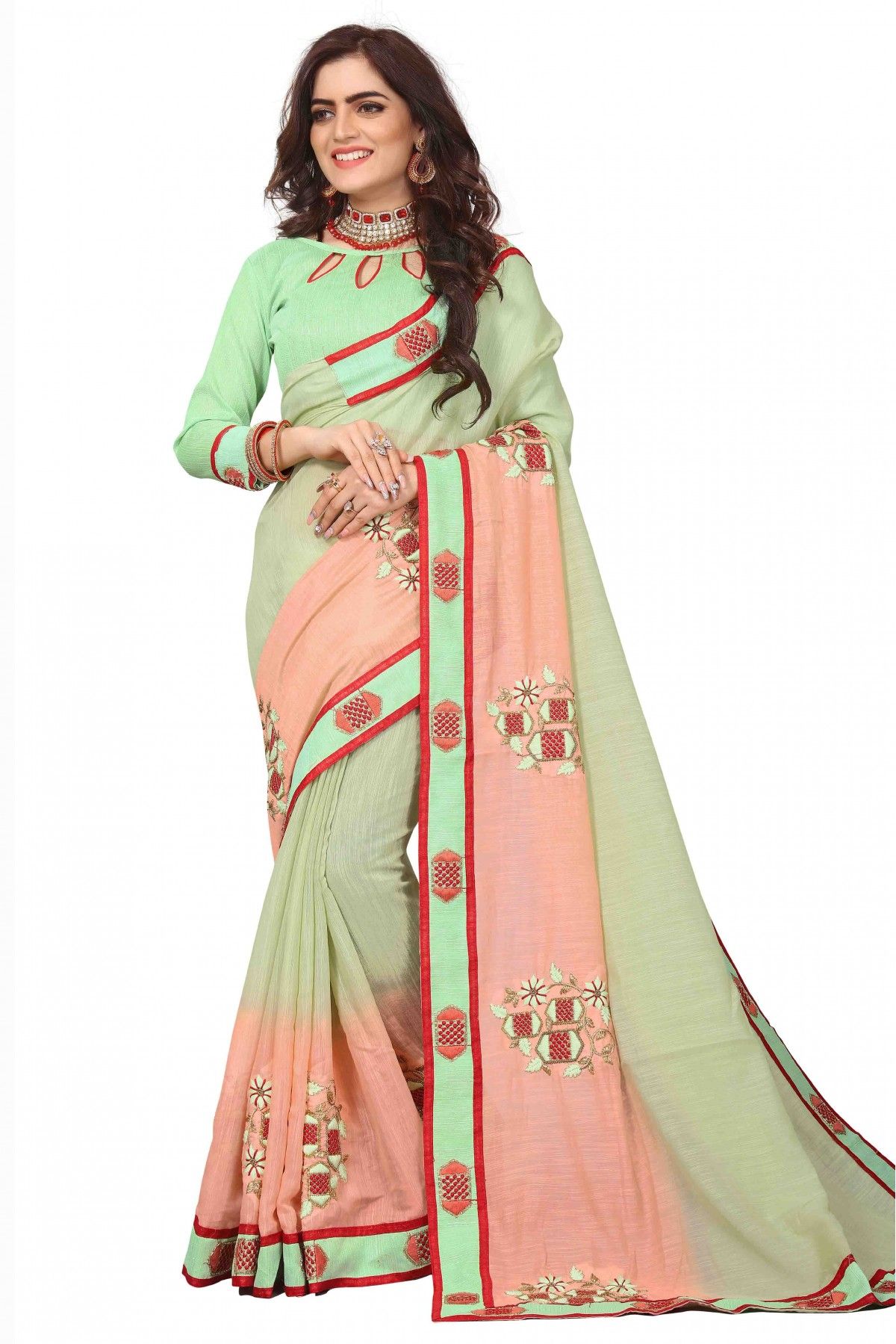 Vichitra Silk Embroidery Saree In Bottle Green Colour