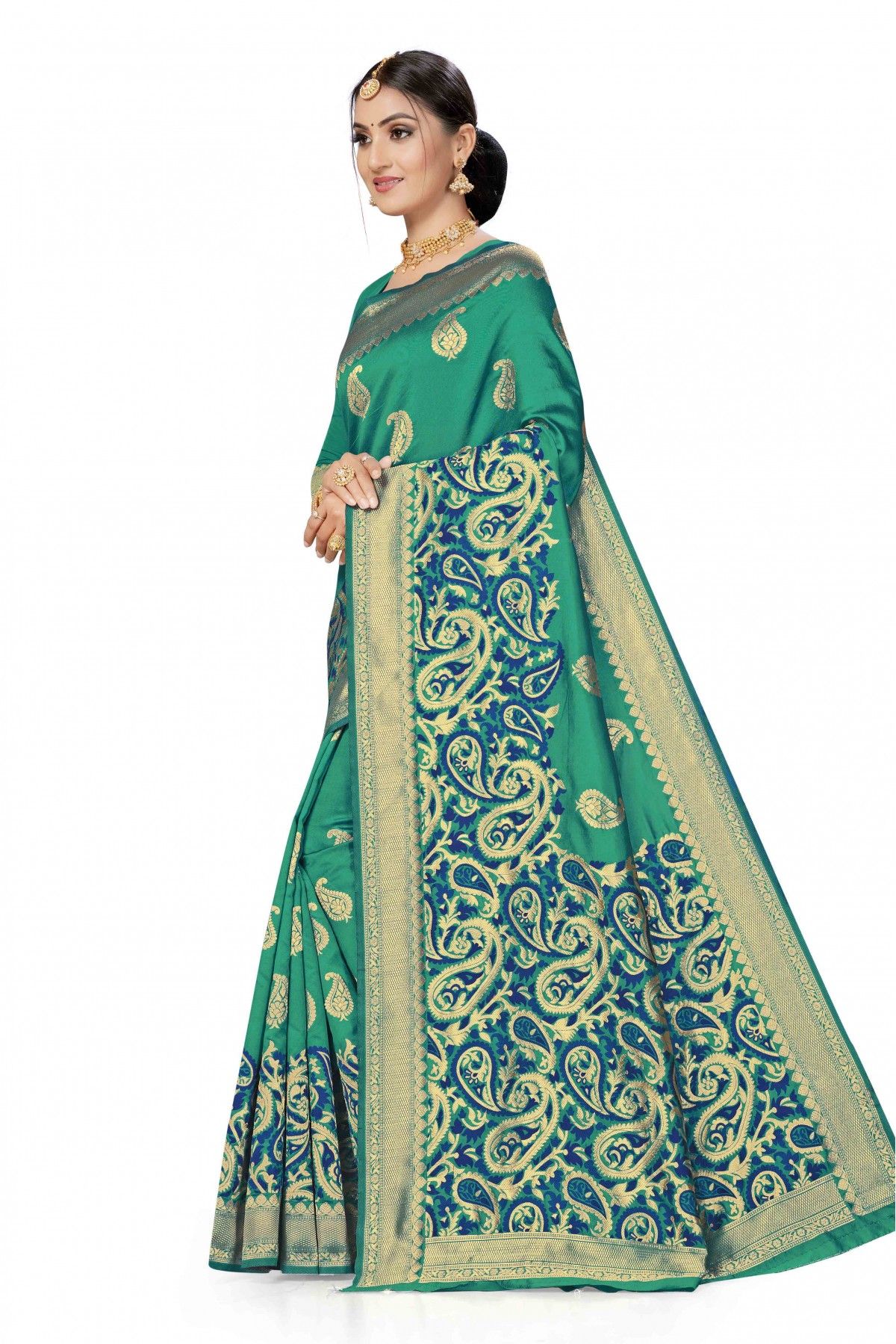 Vichitra Silk Embroidery Saree In Bottle Green Colour