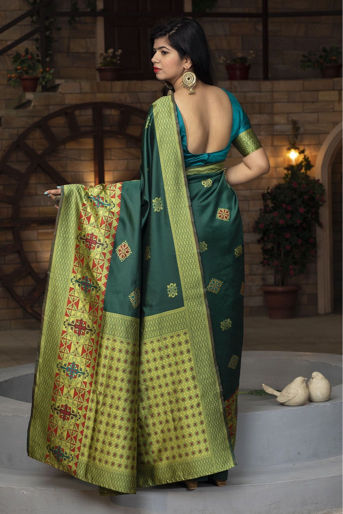 Prettiest Dark Green Banarasi Silk Saree With Assemblage Blouse Piece –  LajreeDesigner