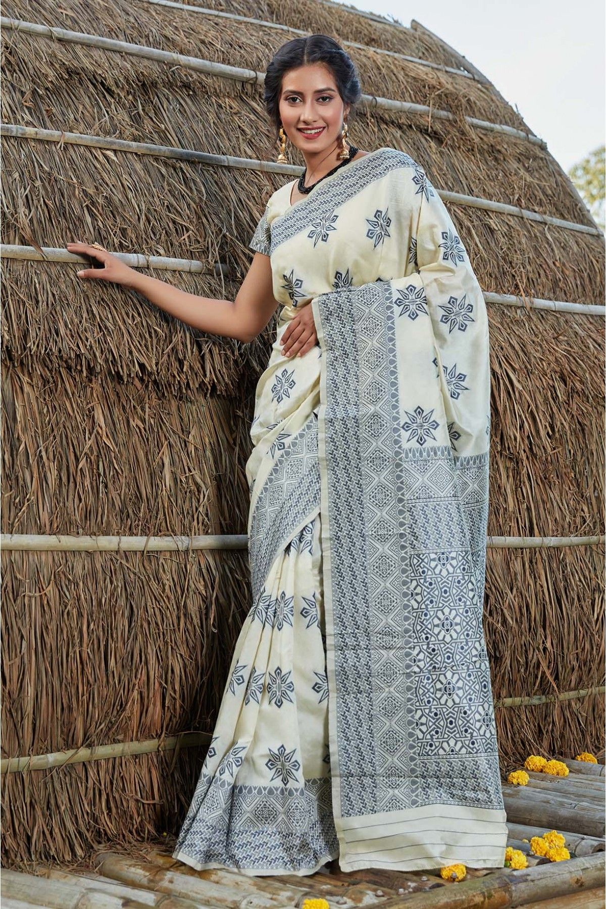 Off White Printed Cotton Saree - Urban Womania