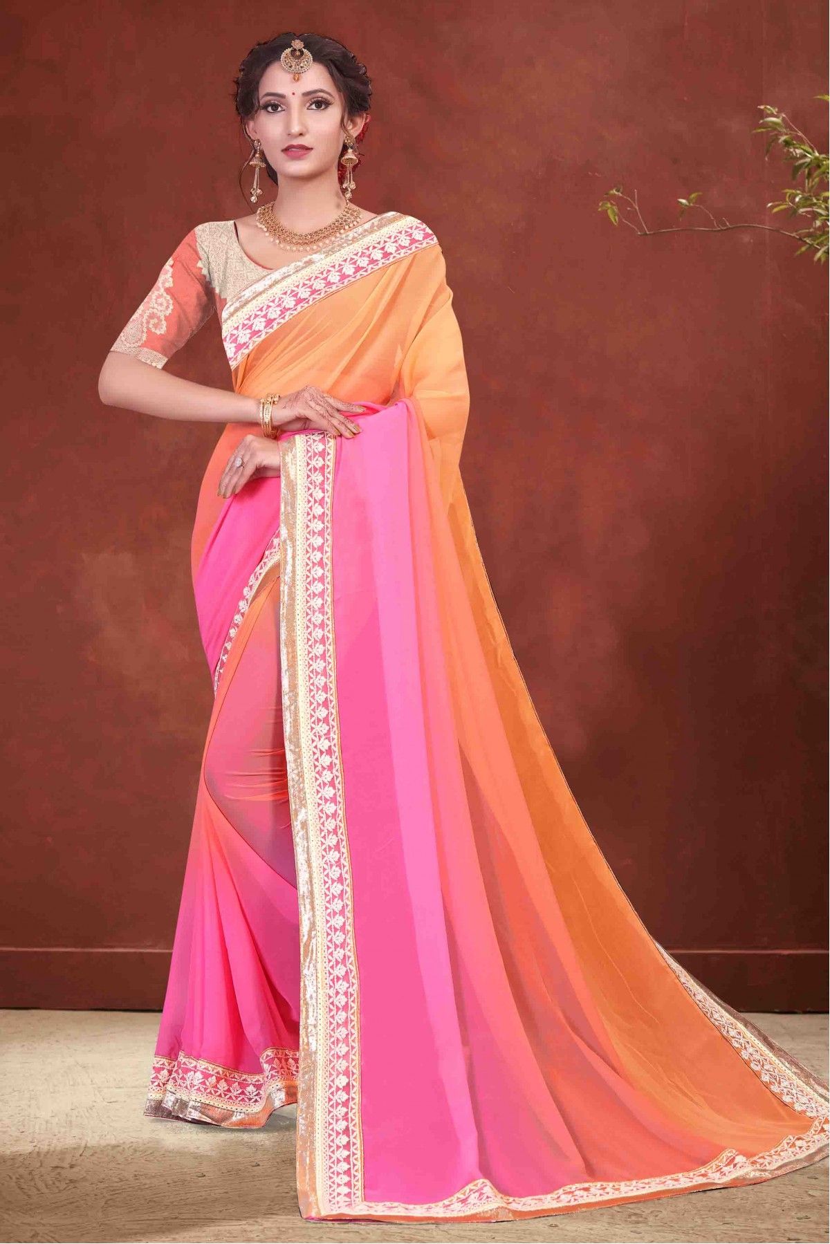 Peach - Pink Floral Organza Saree – Dailybuyys