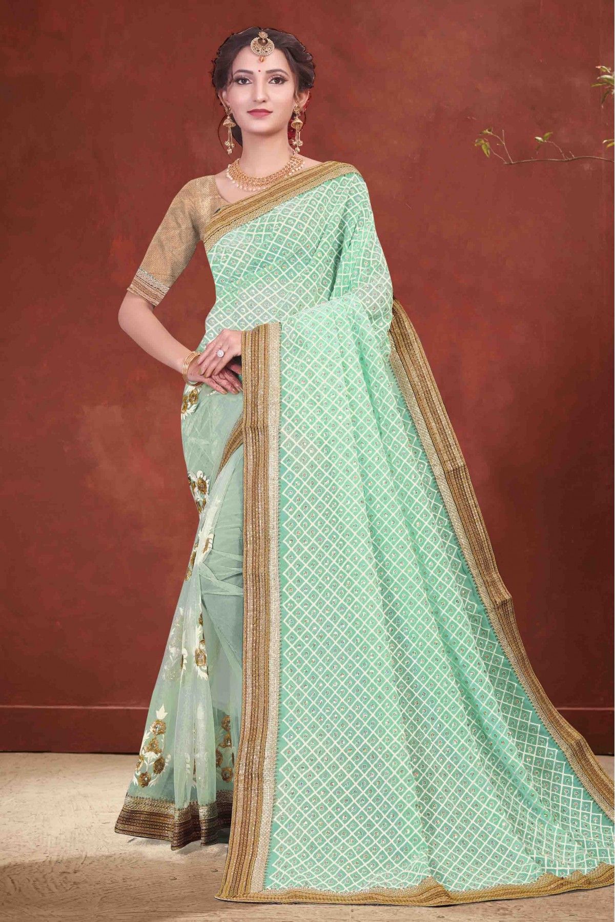 Buy Mint Green Cotton Saree online-Karagiri