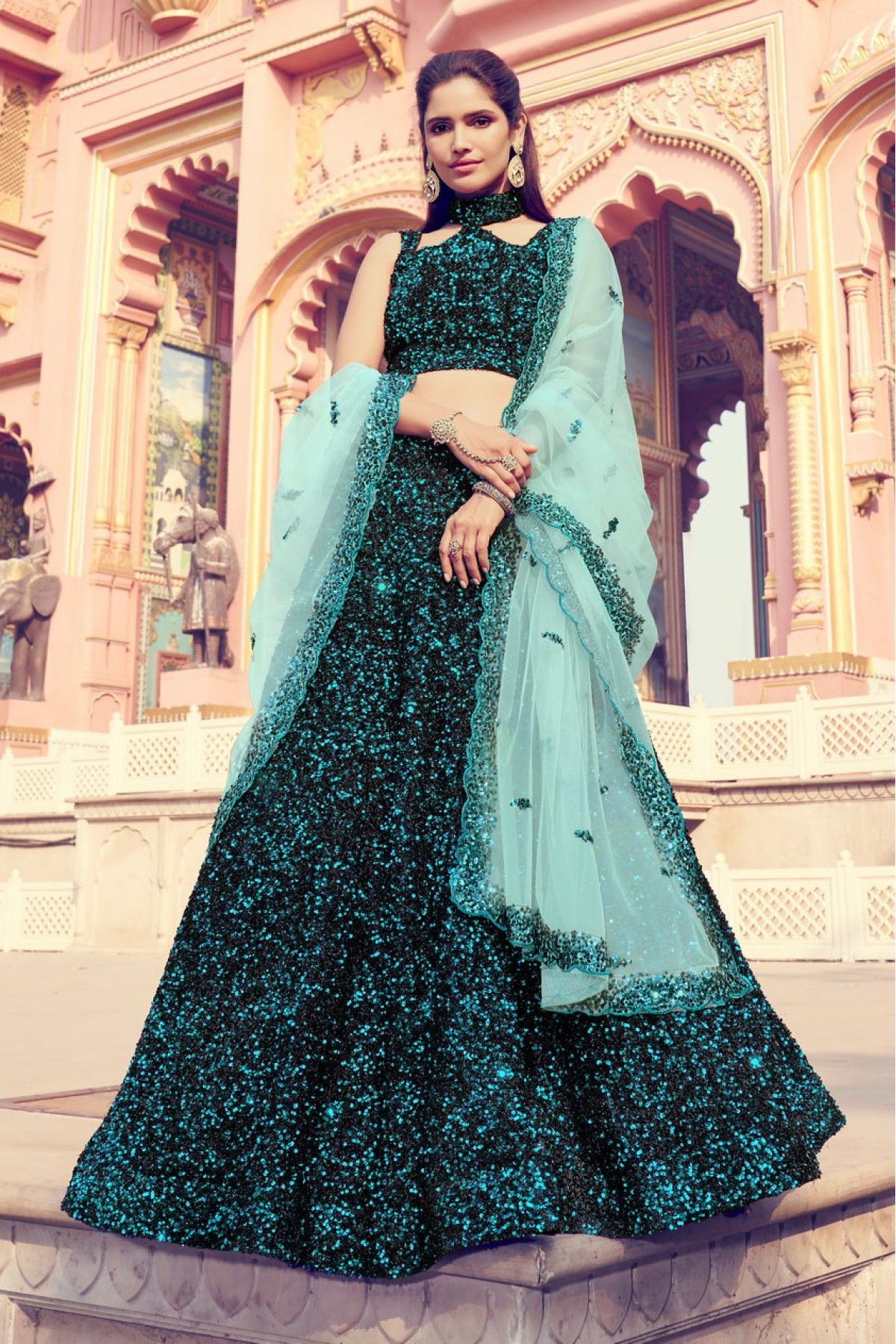 Crepe Silk Fabric Lehenga & Choli in Blue Color with Resham, Embroidered,  Sequence, Zircon Work with Net Dupatta