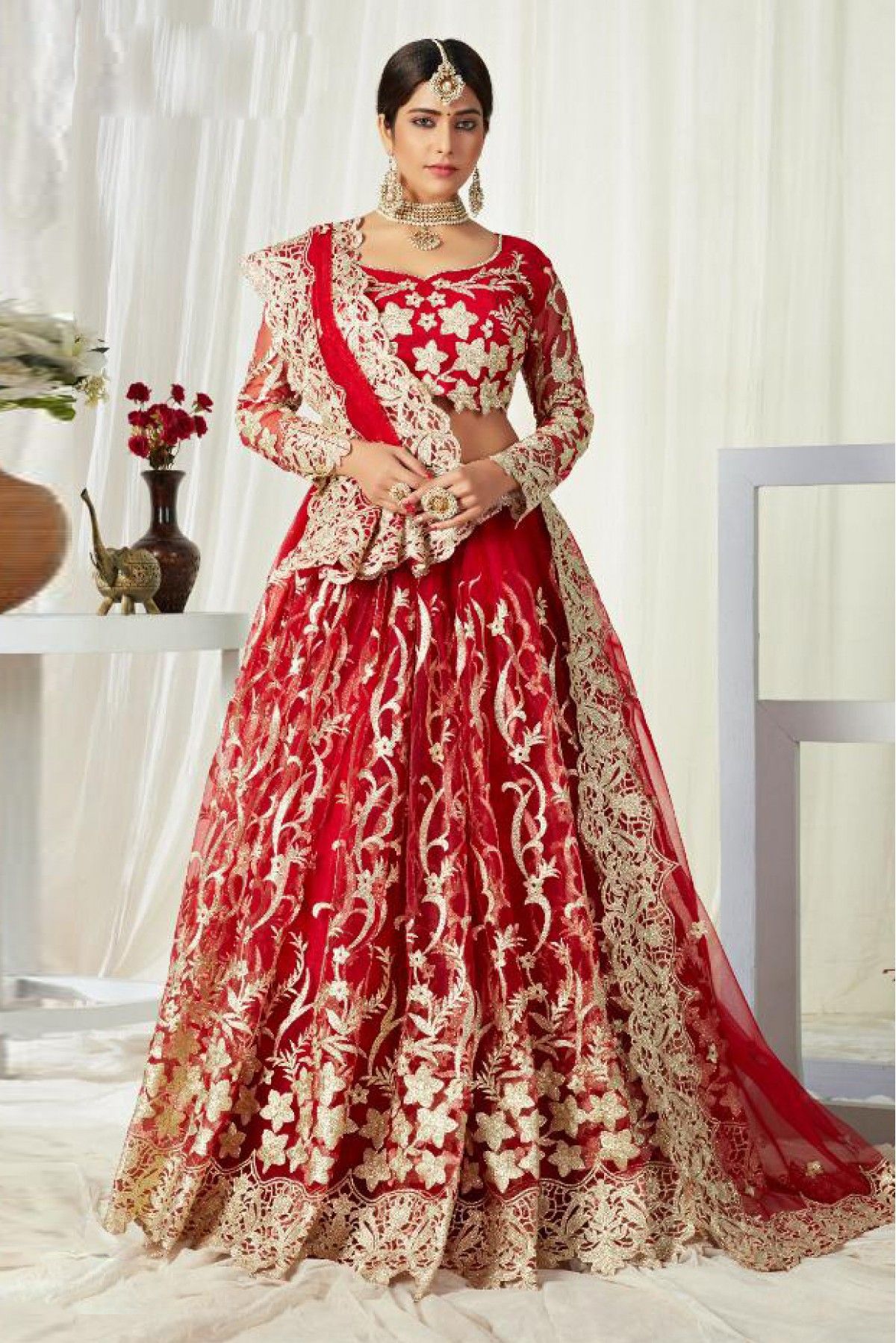 Red colour designer embroidery sequence work lehenga choli - ShopLance