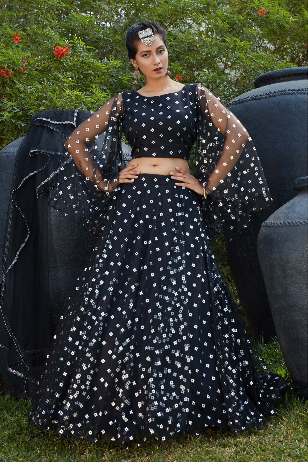 Black Silk Crepe Printed Lehenga – Gunj Fashion