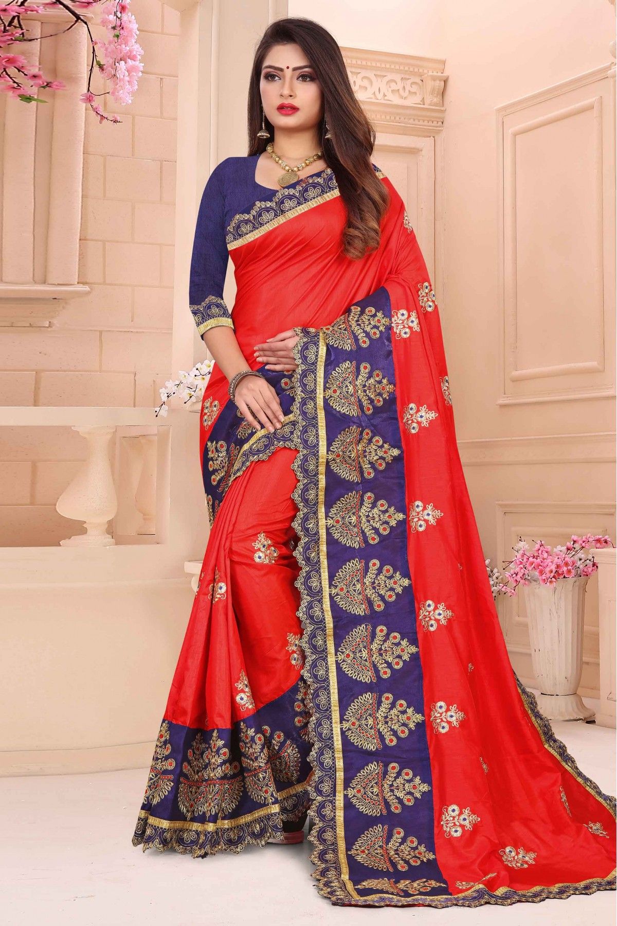 Kanchipuram-Silk Peacock-Blue Saree With Korvai Red Border