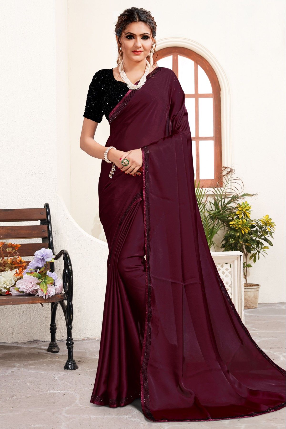 Buy Wine Satin Silk Stone Work Saree : 261351 -