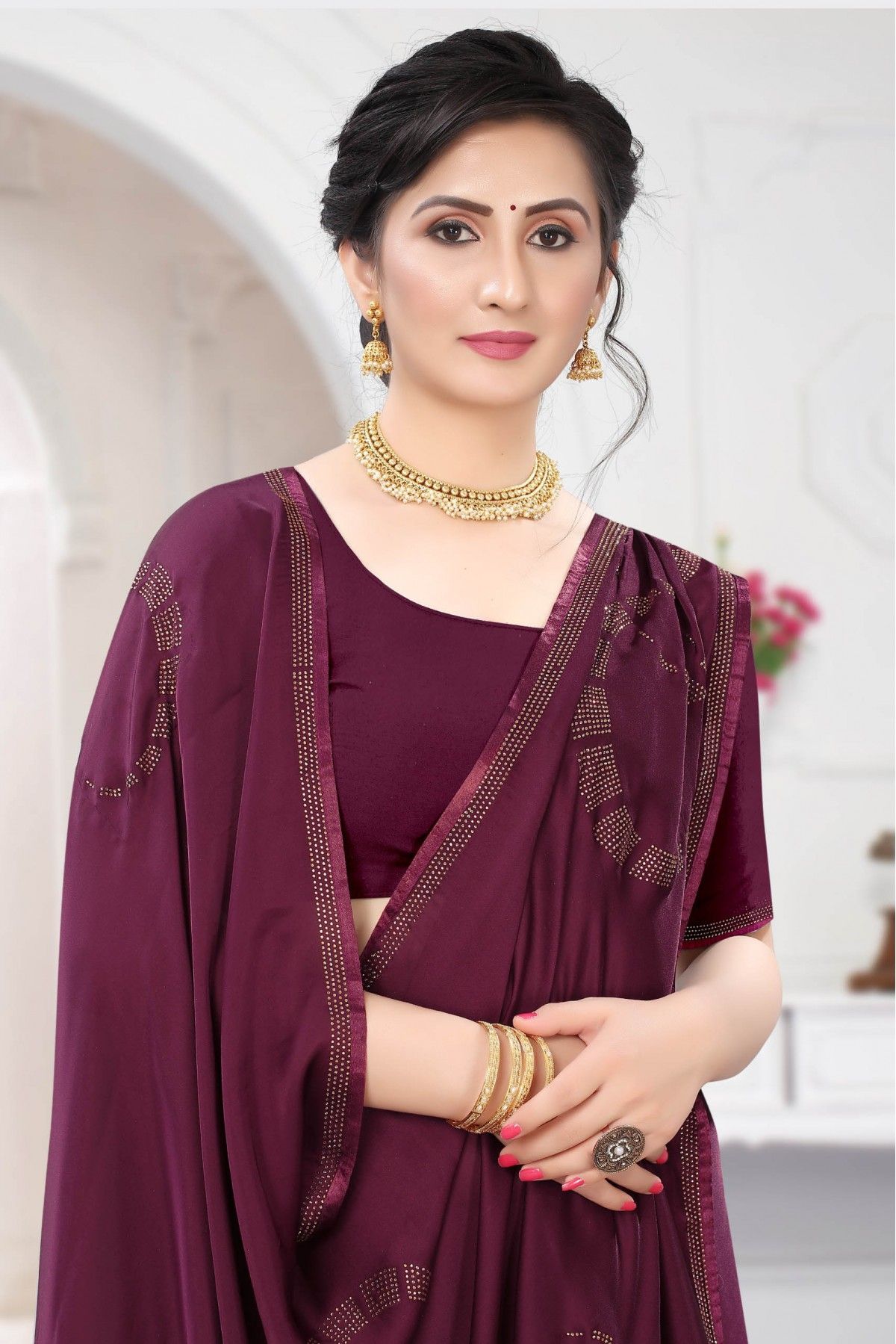 Lowest price | Wine Stone Work Saree and Wine Stone Work Sari online  shopping