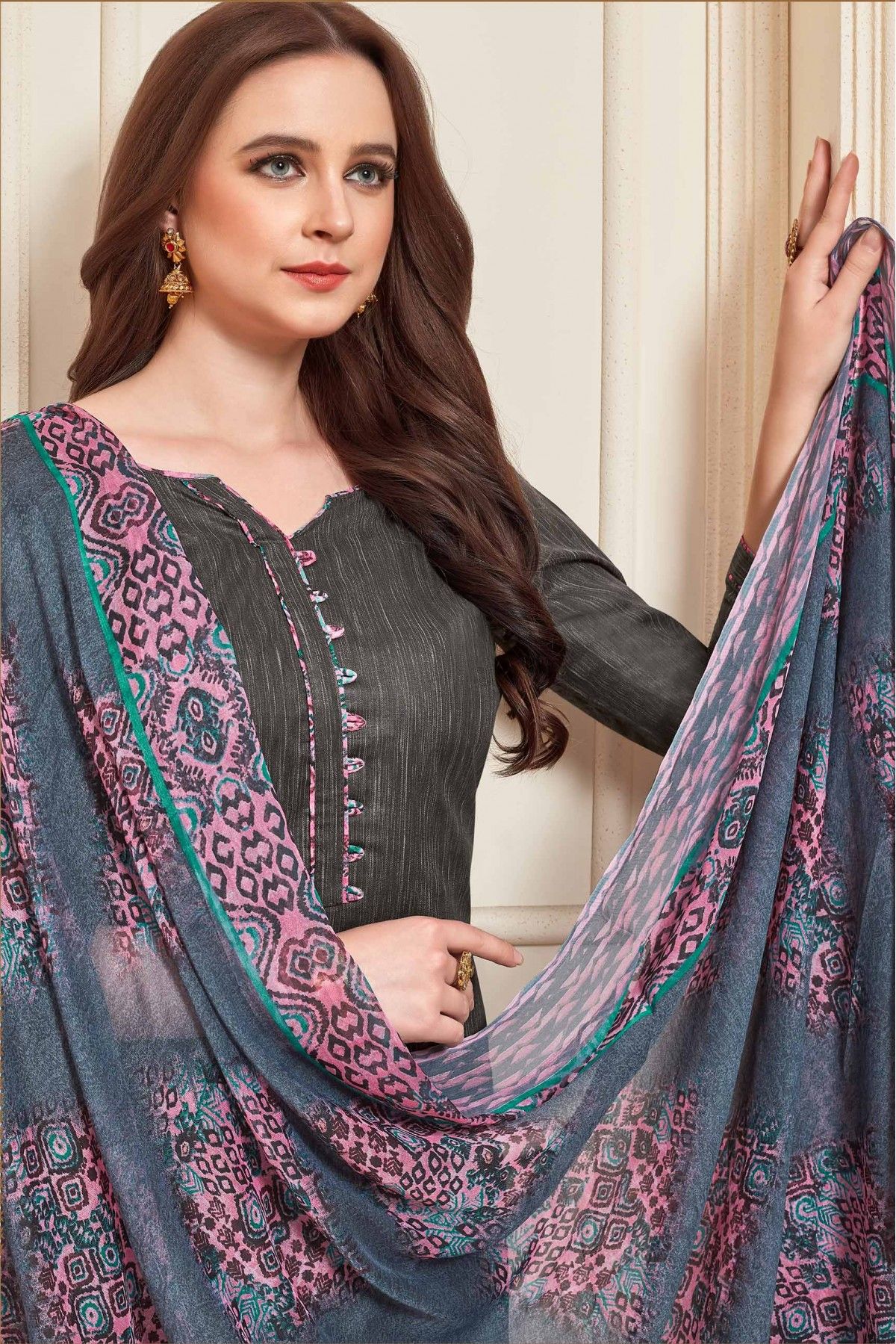 Festive Wear Grey Color Chic Cotton Fabric Printed Patiala Suit