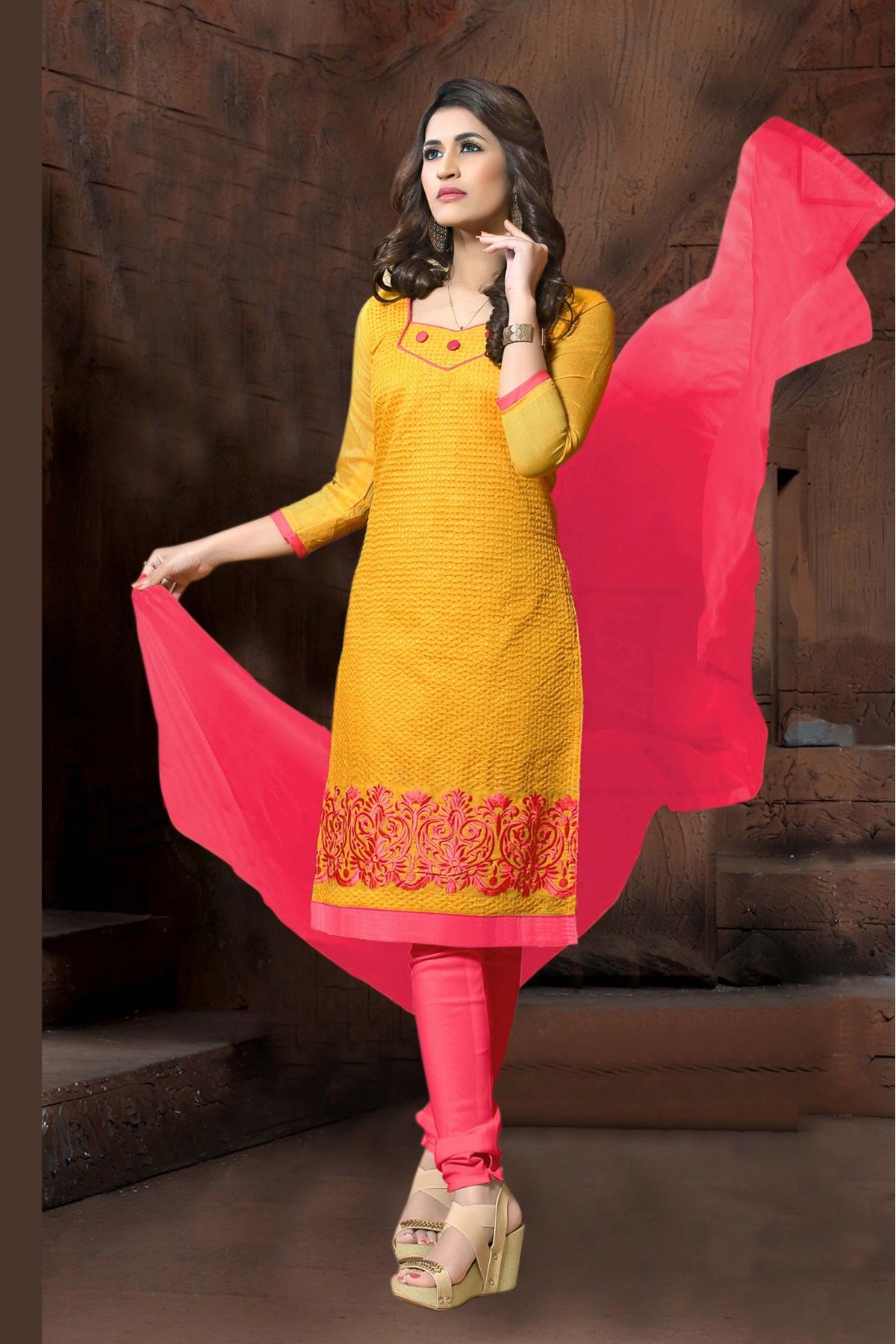 Unstitched Modal Cotton Embroidery Churidar Suit In Yellow Colour