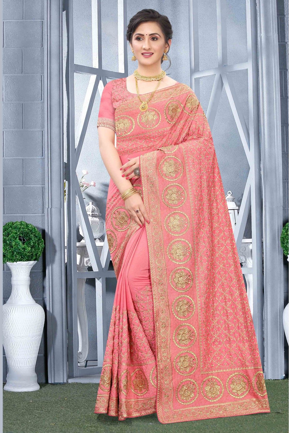 Flamingo Pink Designer Lycra Saree With Embroidery Work - Urban Womania