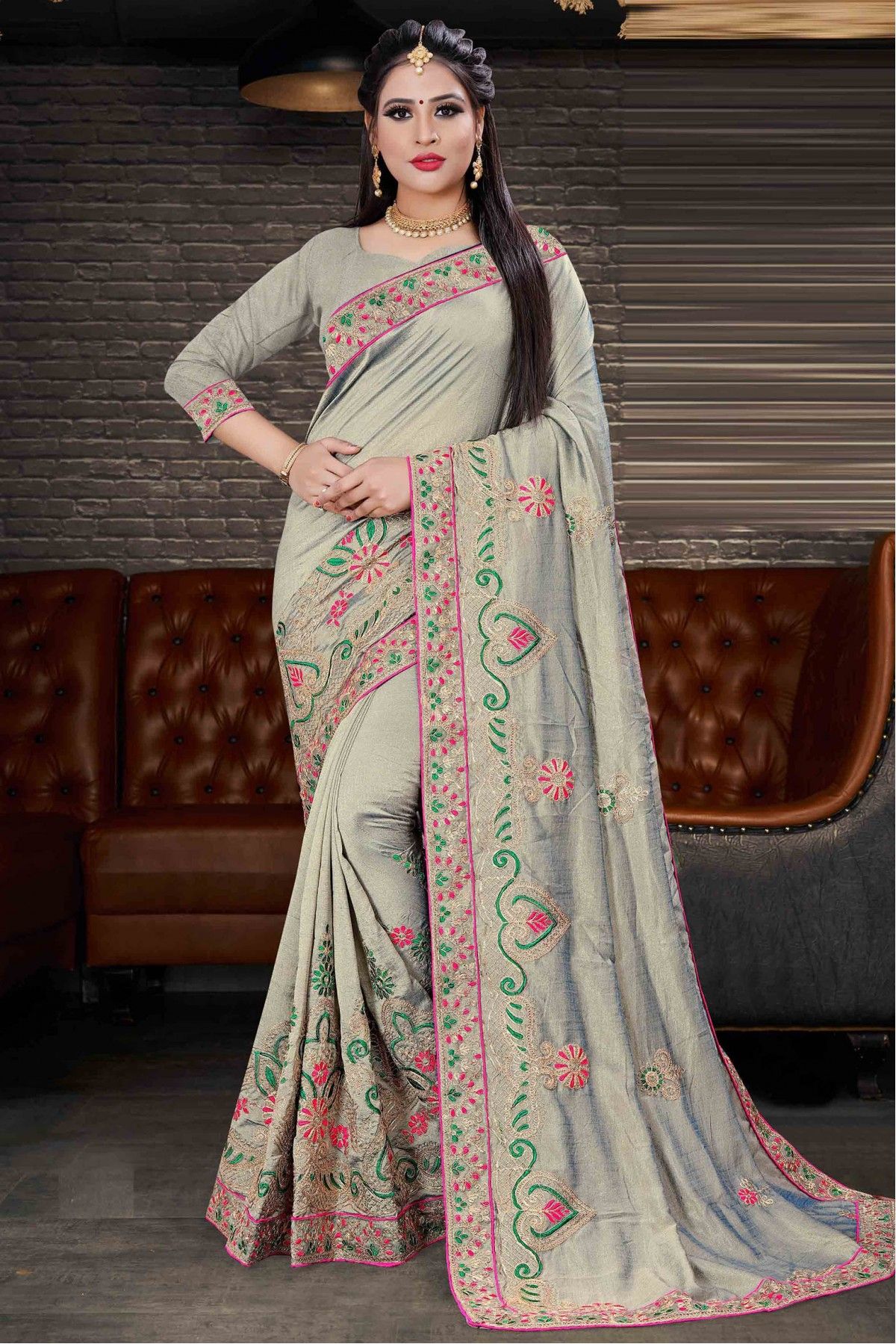 Powder Grey Haevy Embroibered Satin Silk Designer Saree – Zari Banaras