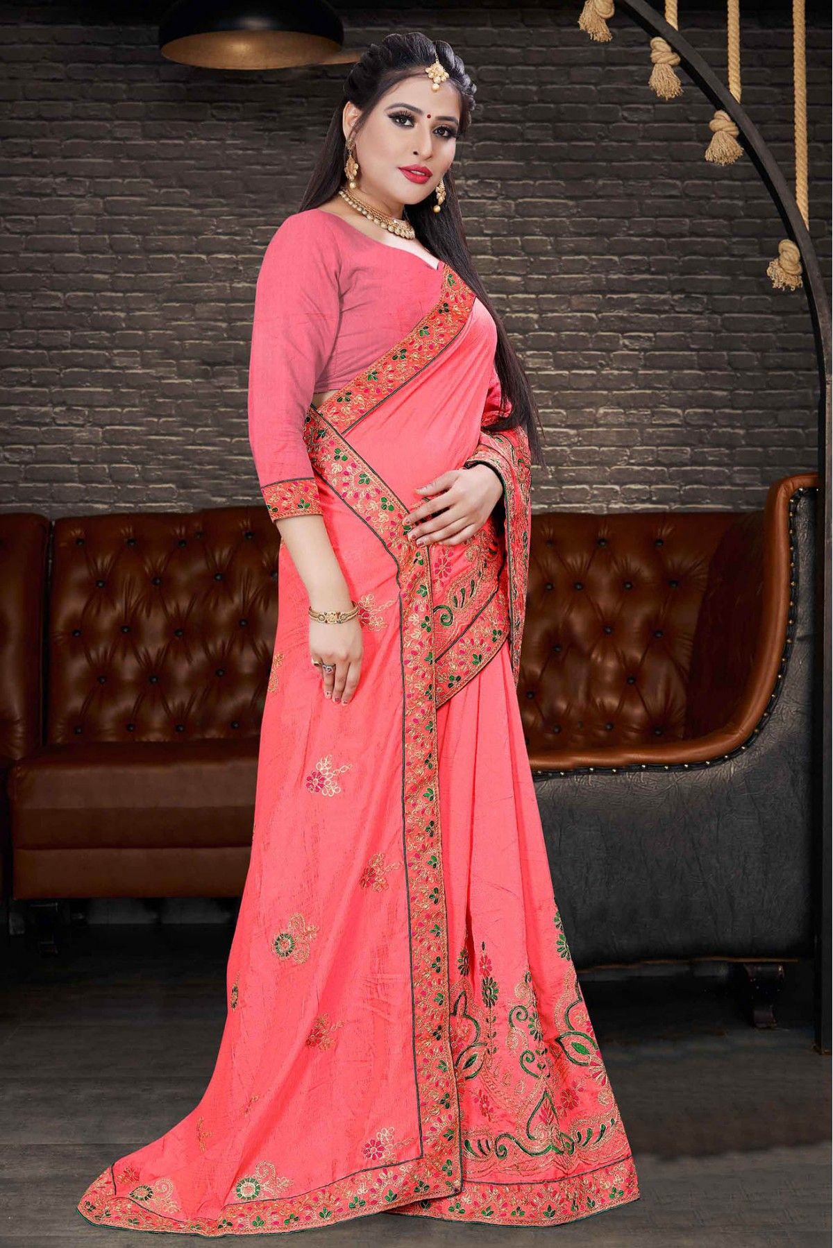 Indian designer wedding saree, Salmon pink silk latest sarees, u neck