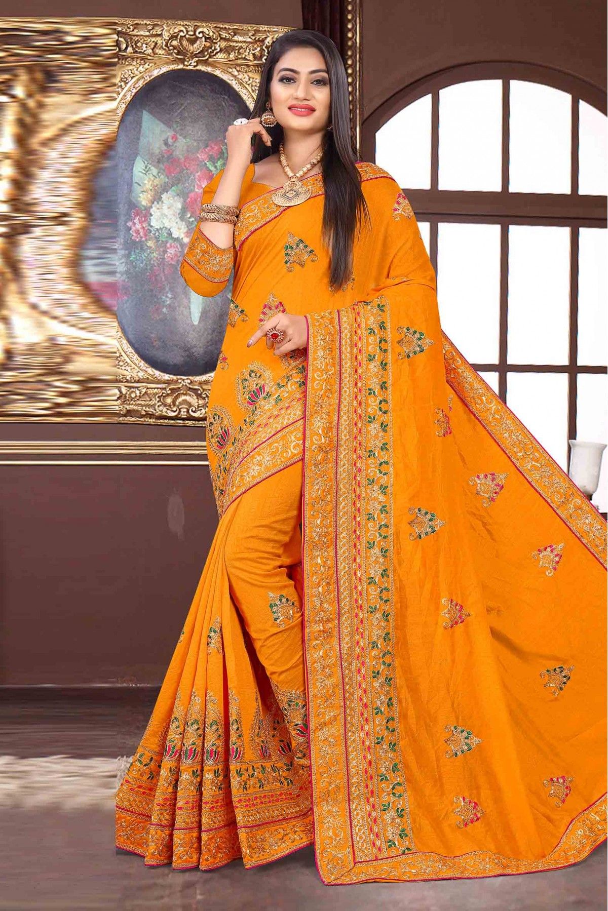 Yellow Embroidered Saree In Tissue Silk 5831SR02