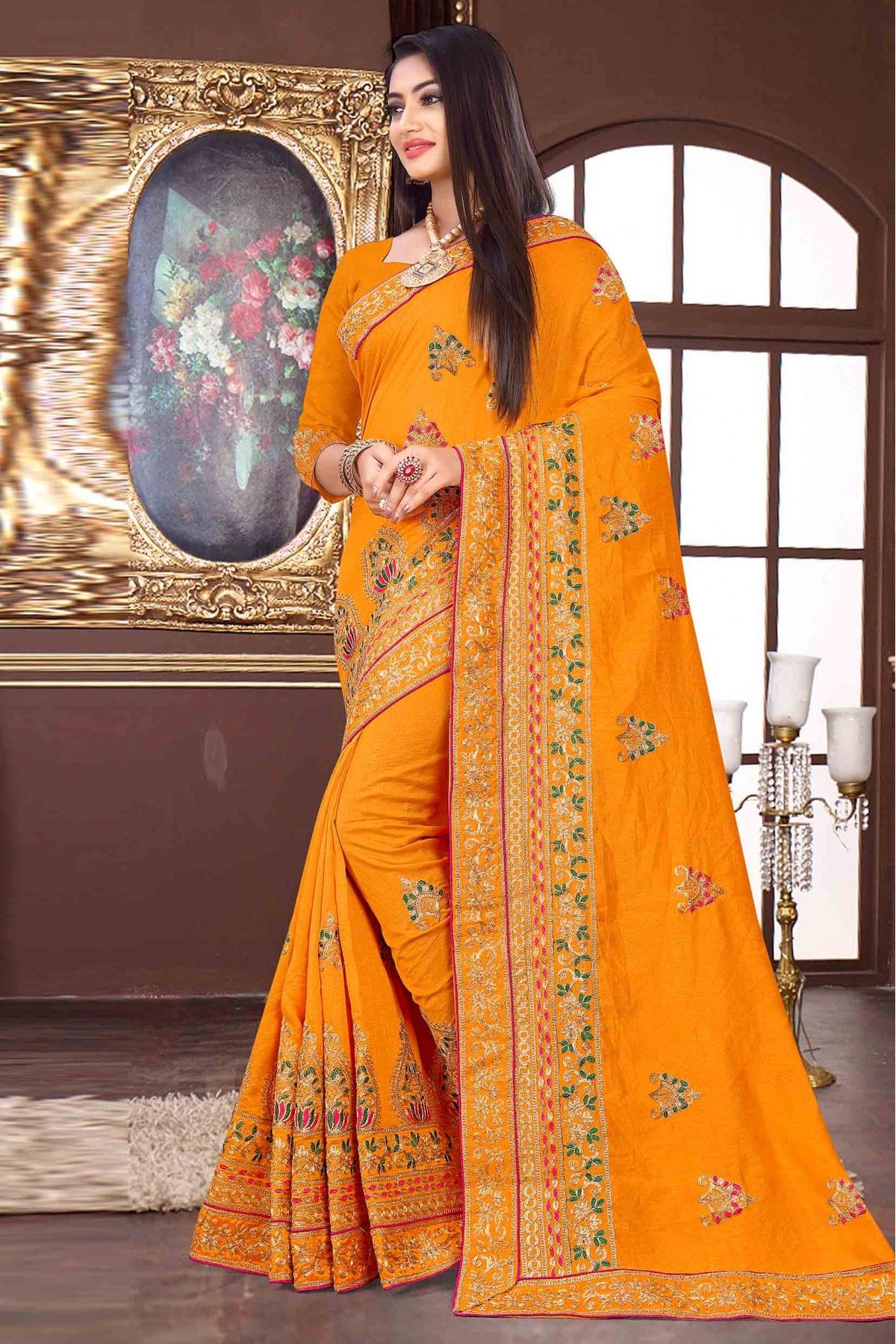 Shop Fanta Orange Banarasi Katan Silk Zari Work Saree Party Wear Online at  Best Price | Cbazaar