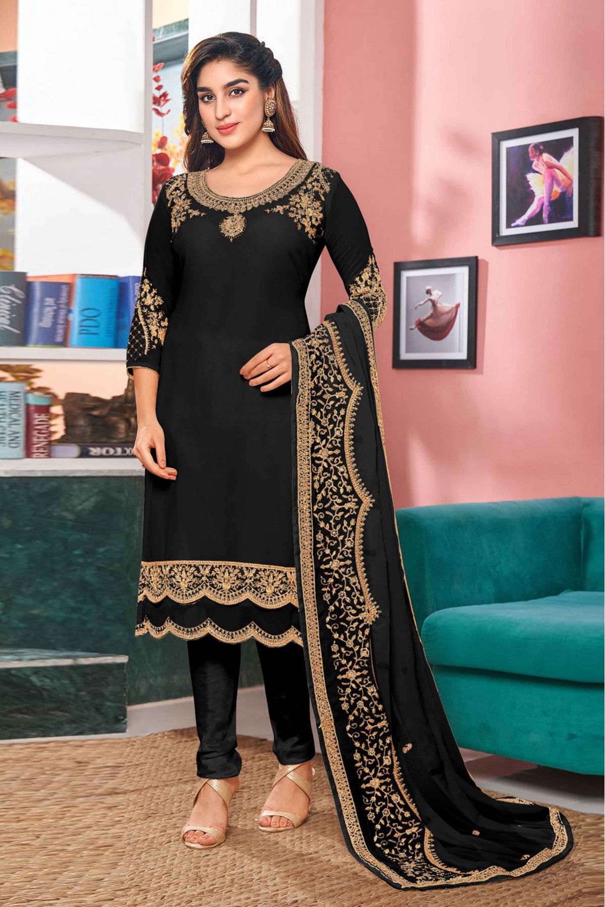 Black Sequins Embroidered Georgette Salwar Suit