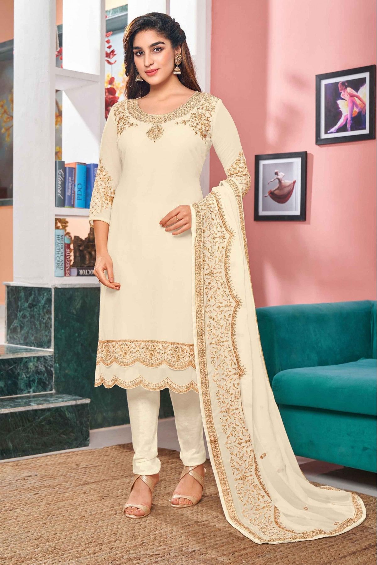 Georgette Embroidery Pant Style Suit In Off White Colour - SM5540036