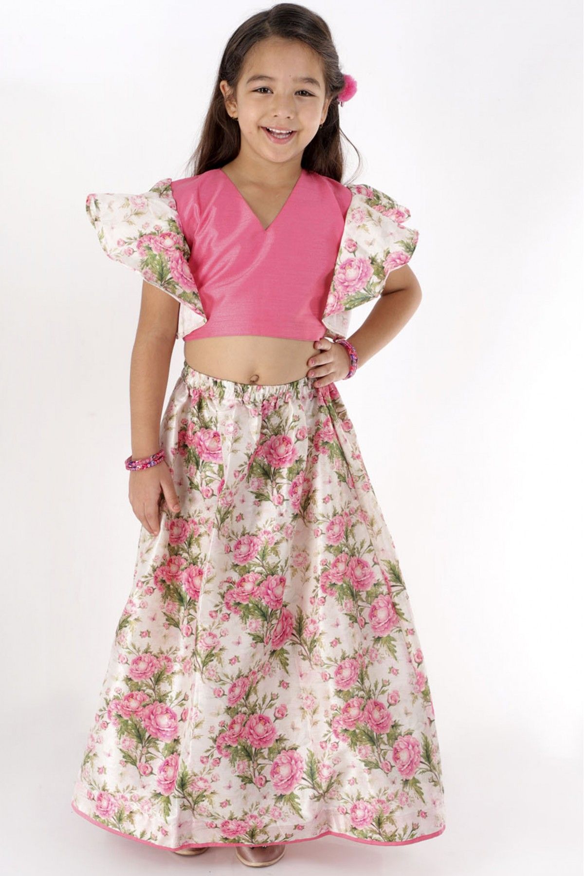 Anitabalia_label BABY GIRL'S WOVEN CROP TOP, DOT with beautiful embroidery  LEHENGA CHOLI FULLY STITCHED. PINK - Aglare - 3513346