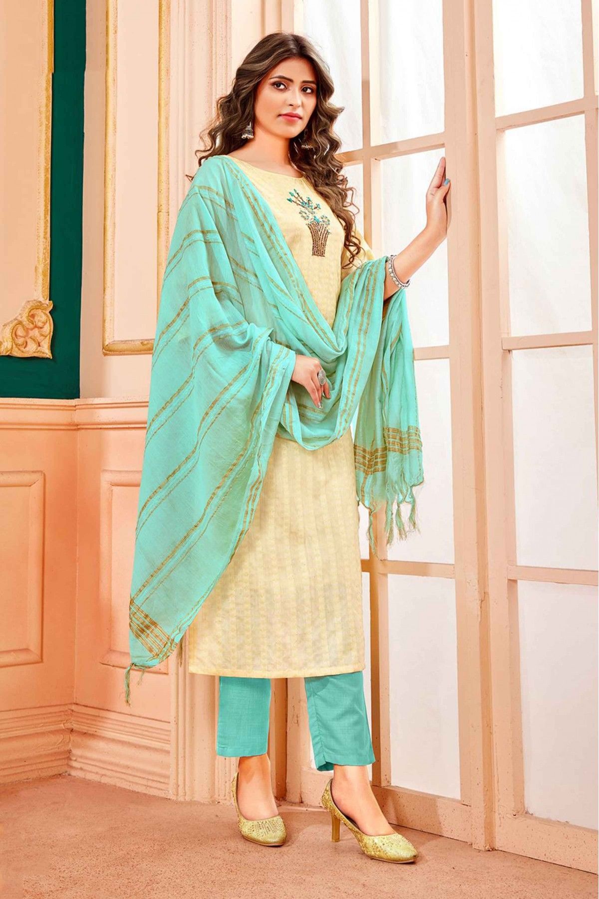 Stitched Handloom Cotton Woven Pant Style Suit In Cream Colour