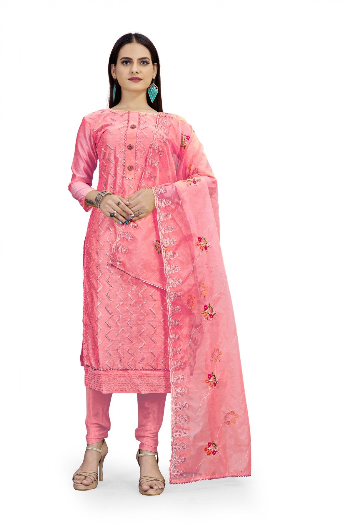 Unstitched Chanderi Sequins Work Churidar Suit In Pink Colour - US3234007